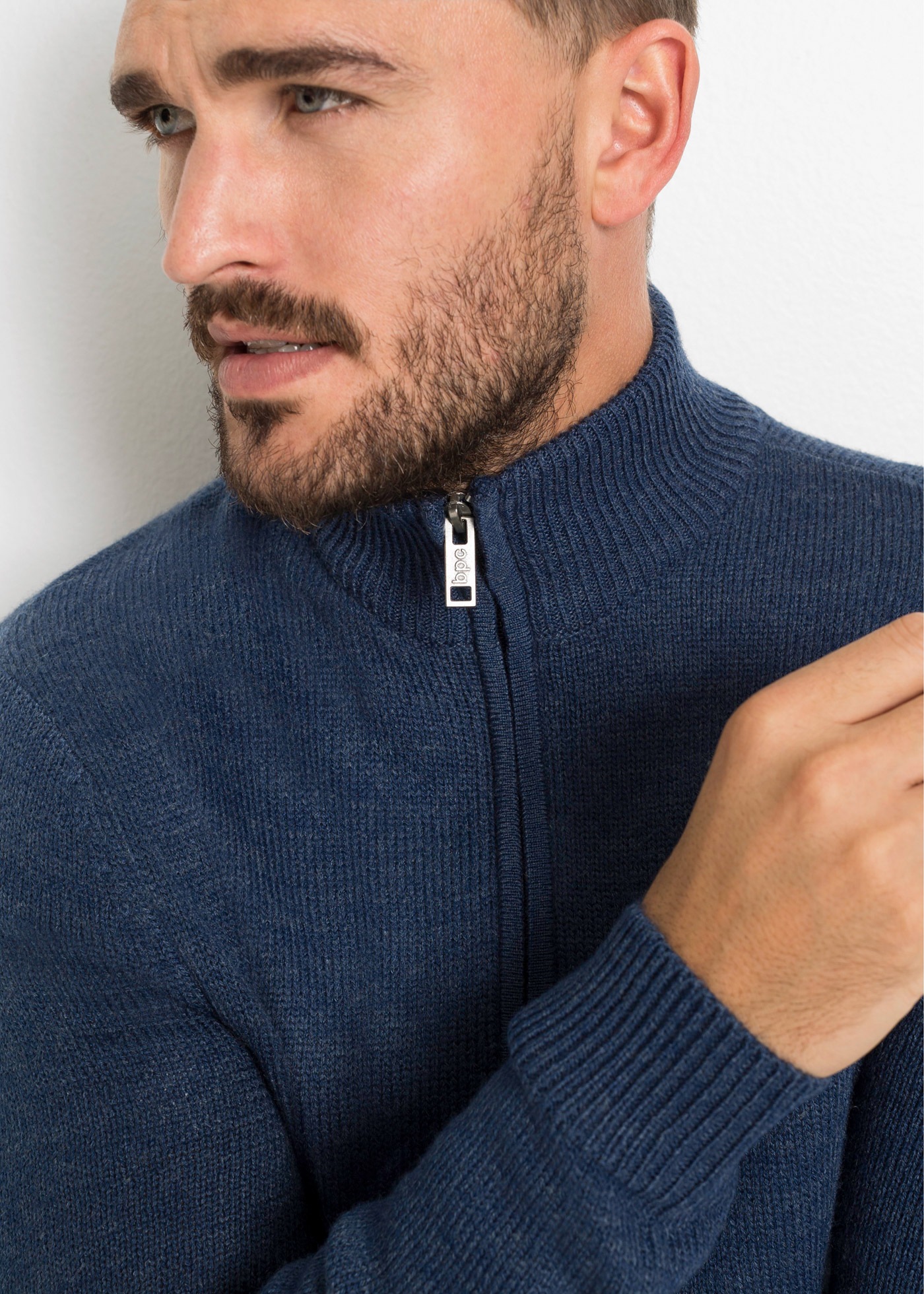 Strickjacke BONPRIX "Feinstrickjacke", Herren, Gr. 60/62 (XXL), blau, Strick, Obermaterial: 100% Polyacryl, unifarben, regular fit hüftbedeckend, hoch geschlossener Ausschnitt, Strickjacken Strickjacke, mit Stehkragen, Regular Fit, aus Polyacryl, mit Reiß 3