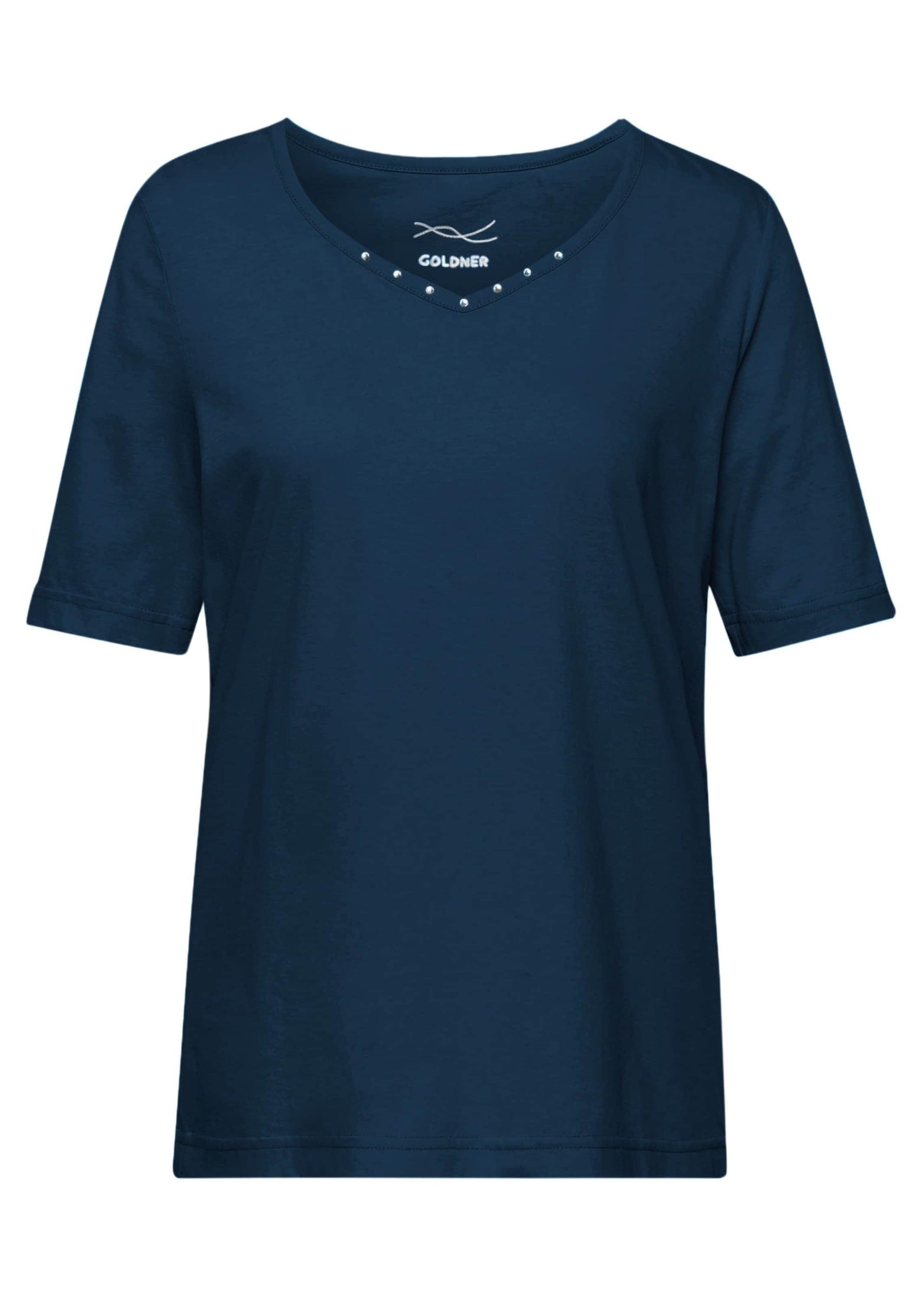 GOLDNER Langarm-Poloshirt "Kurzgröße Halbarm Basic-Shirt aus Baumwolle" Ausschnitt in Herzform mit Schmucksteinen verziert