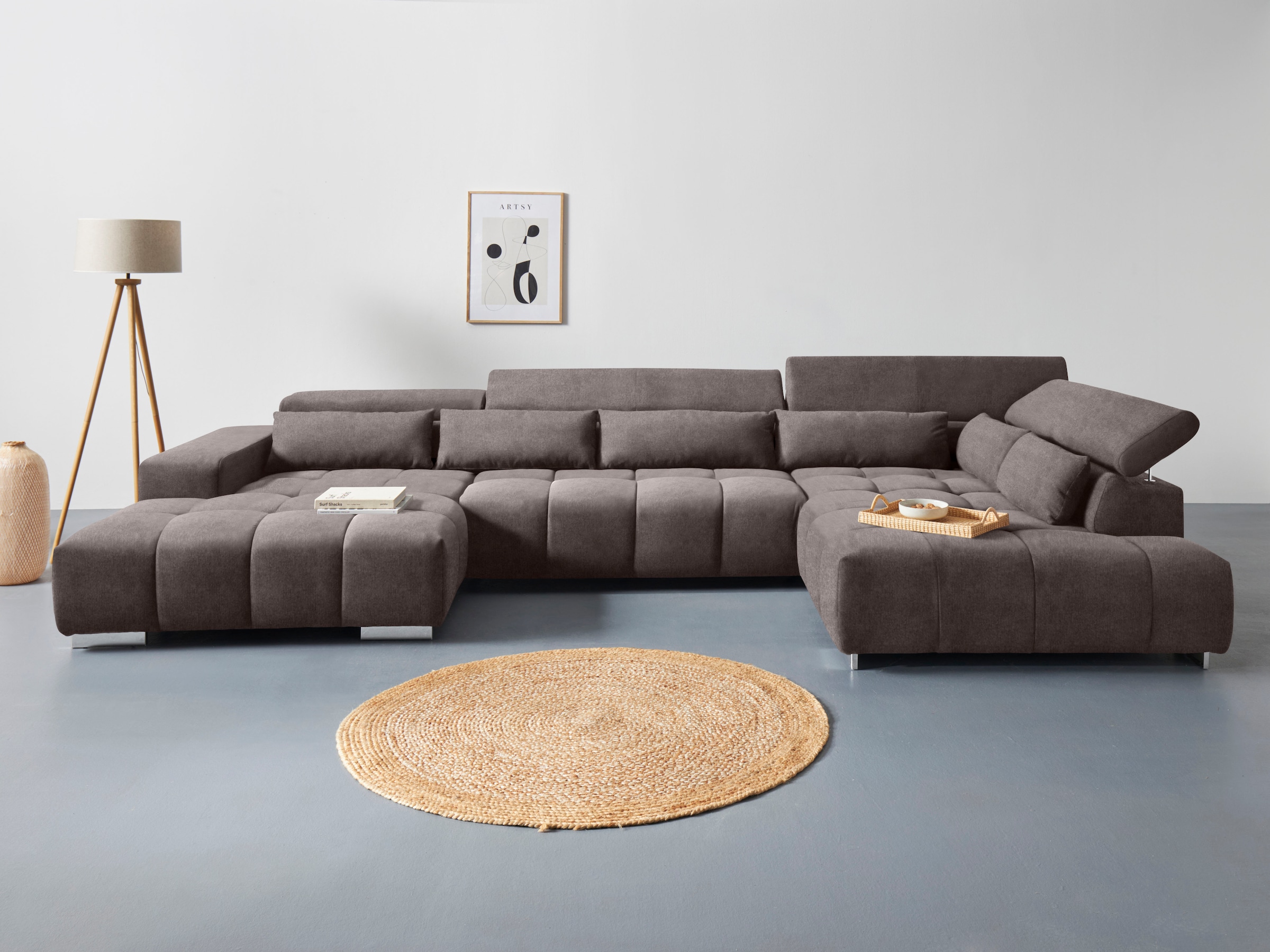 COTTA Wohnlandschaft "Orion U-Form XXL, B: 409 cm, bequeme Wellenunterfederung, top modern" mit Kopfteilverstellung & 6 Nierenkissen