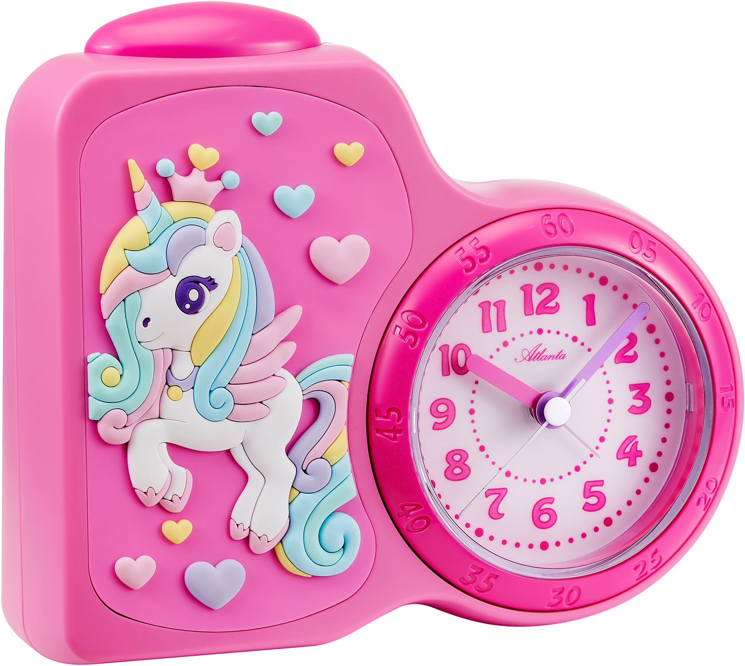 Atlanta Kinderwecker, ideal für Reisen, Geschenkidee, Beleuchtung, Herz, Einhorn, analog