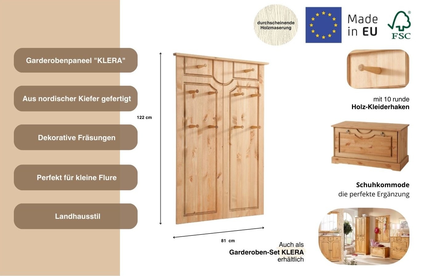 Thumbnail - Home affaire Garderobenpaneel "Klera" Mit 10 Kleiderhaken, aus massiver Kiefer