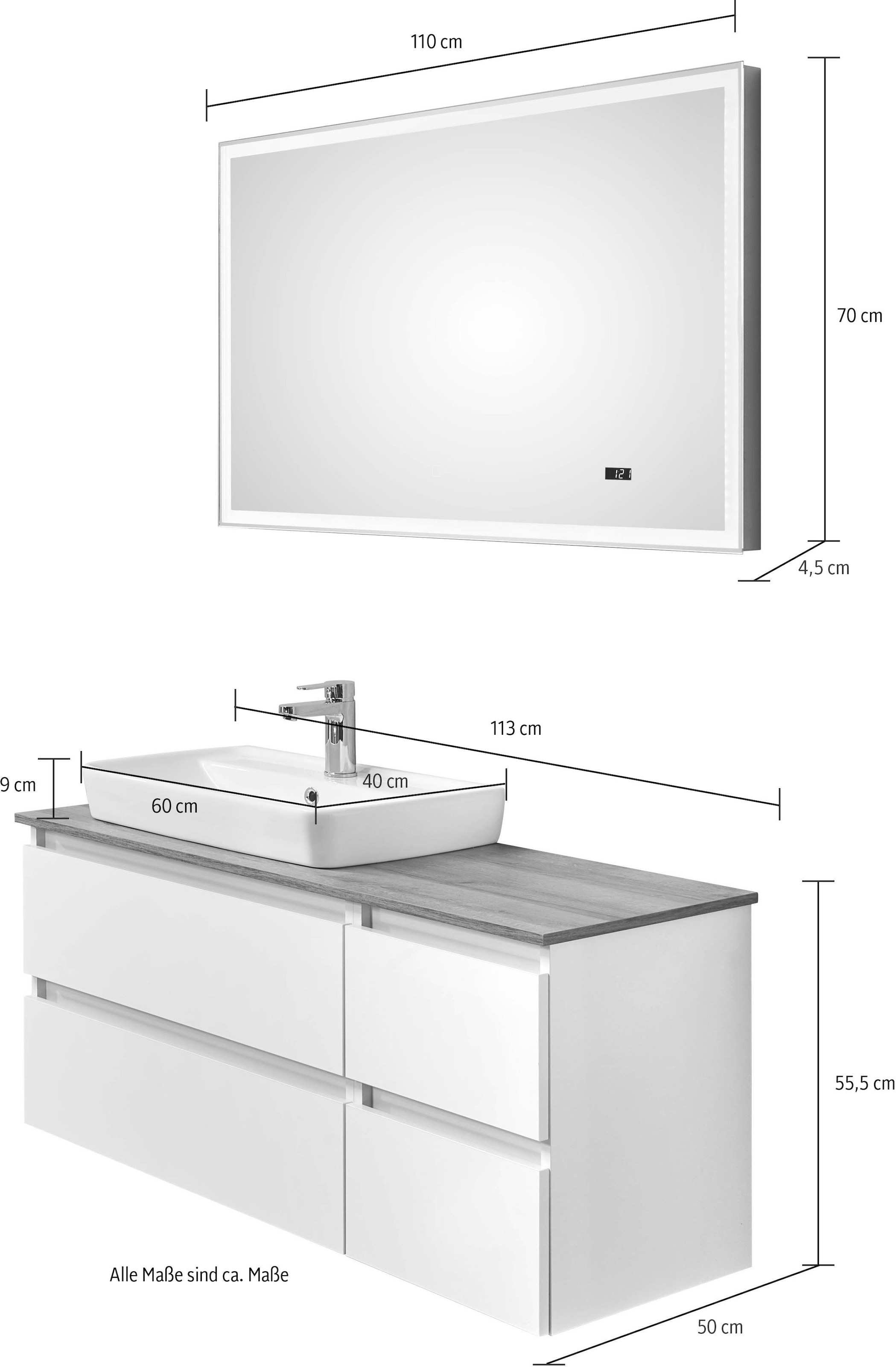 Saphir Badmöbel-Set »Quickset 360 2-teilig, mit Keramik-Aufsatzbecken und LED-Spiegel«, (Set, 2 St.), in Weiß Glanz, Riviera Eiche quer Nachbildung, 4 Schubladen