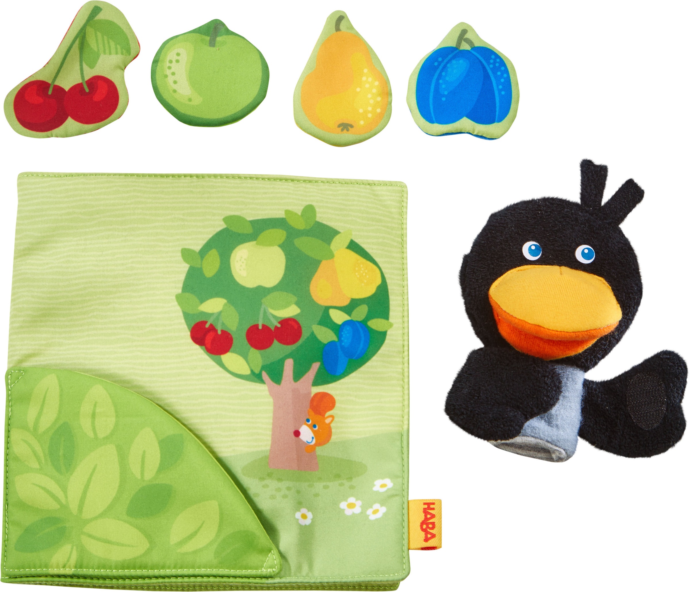 Haba Greifspielzeug »Stoffbuch Obstgarten«, mit Raben-Fingerpuppe