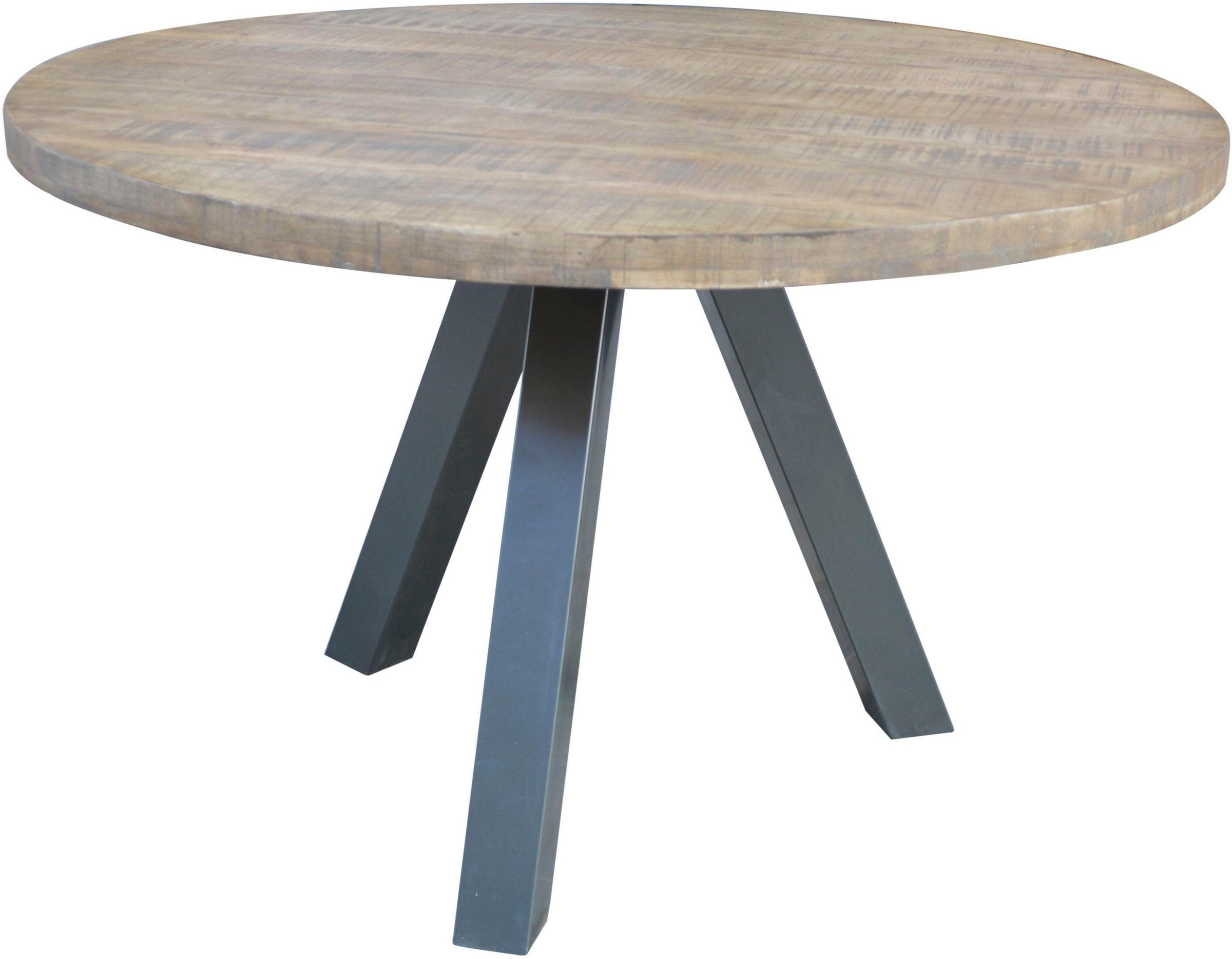 SIT Esstisch "Hanoi rund aus Mangoholz 120 cm Massivholz Vintage Industrial" 3-Bein-Gestell in Gun-Metal-Grau mit rustikaler Tischplatte