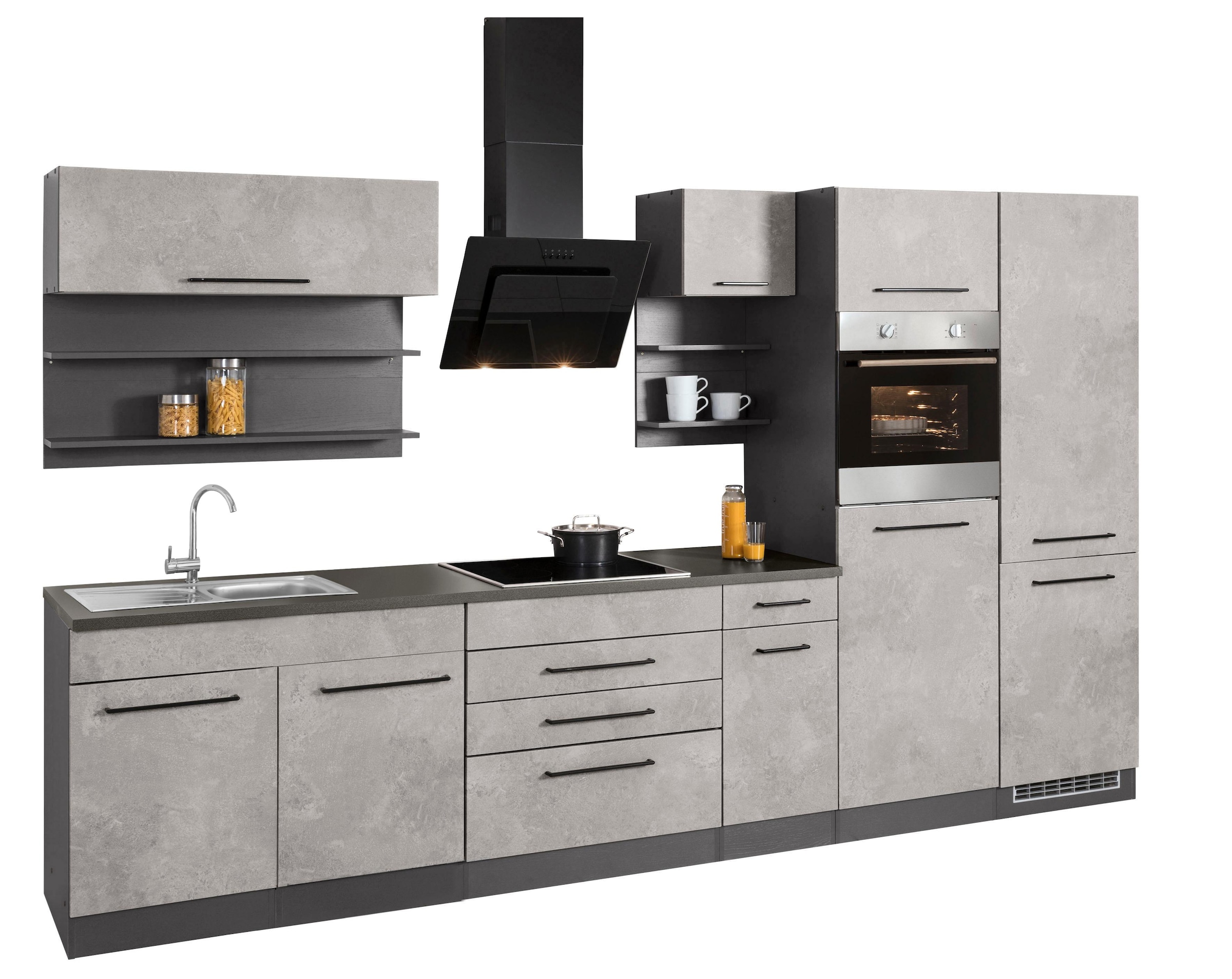 KOCHSTATION Küchenzeile »KS-Tulsa«, ohne E-Geräte, Breite 350 cm, schwarze Metallgriffe, MDF Fronten