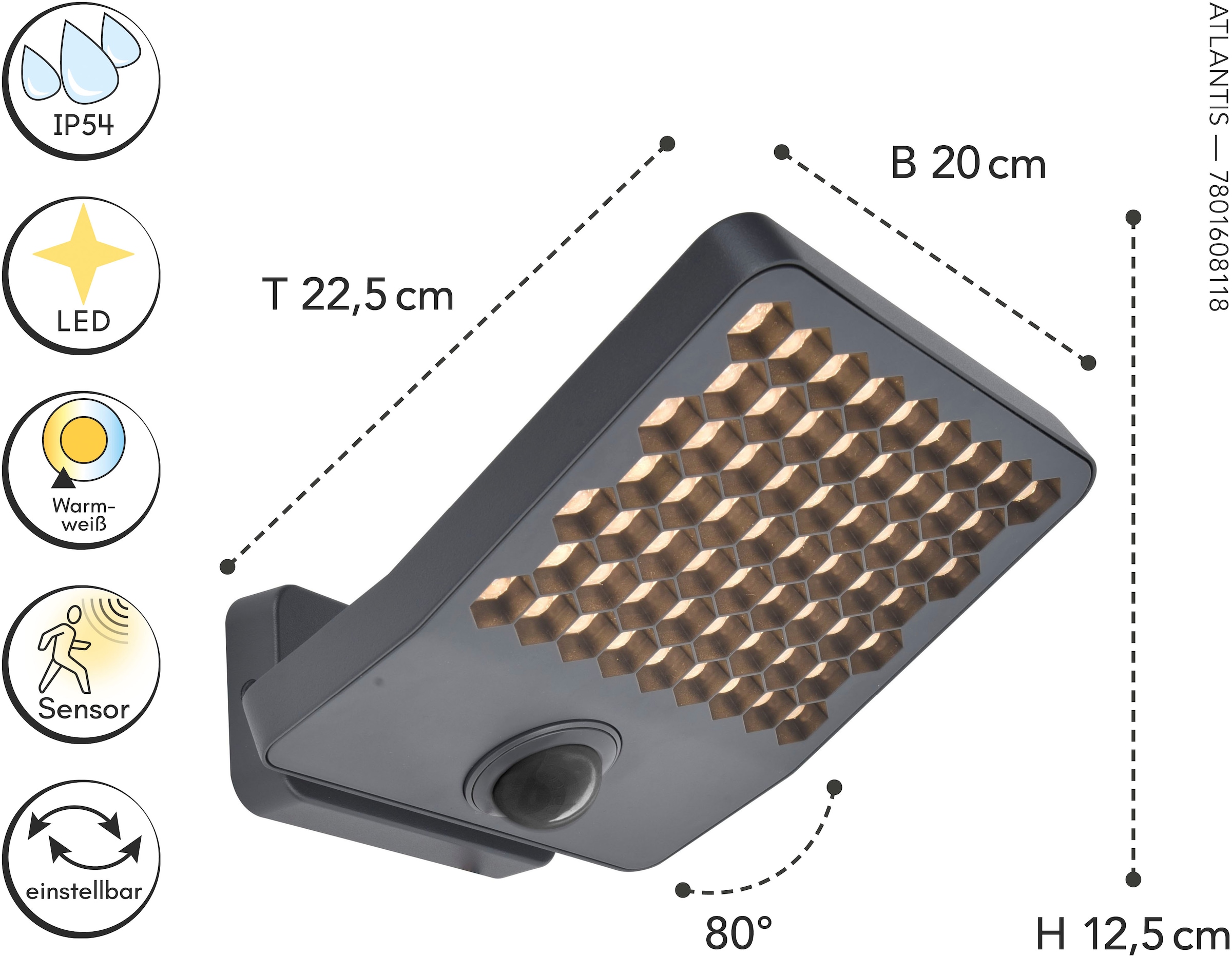 LUTEC LED Außen-Wandleuchte »LED-Aussenwandleuchte ATLANTIS medium«, 1 flammig, Leuchtmittel LED-Board | LED fest integriert, mit Sensor, schwenkbar