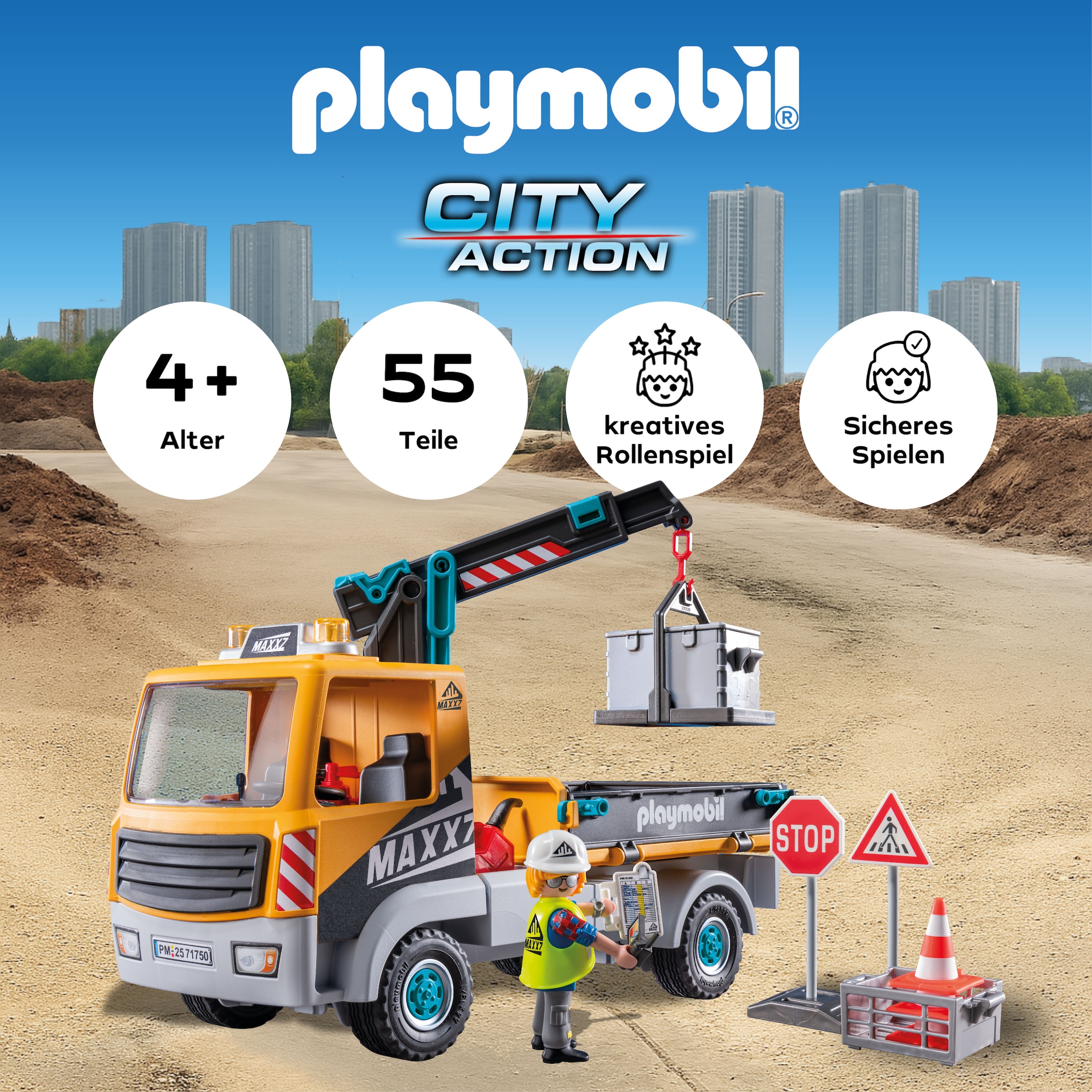 Playmobil® Konstruktions-Spielset »Baustellen-LKW mit Kran (71750), Playmobil Action Heroes«, (55 St.)