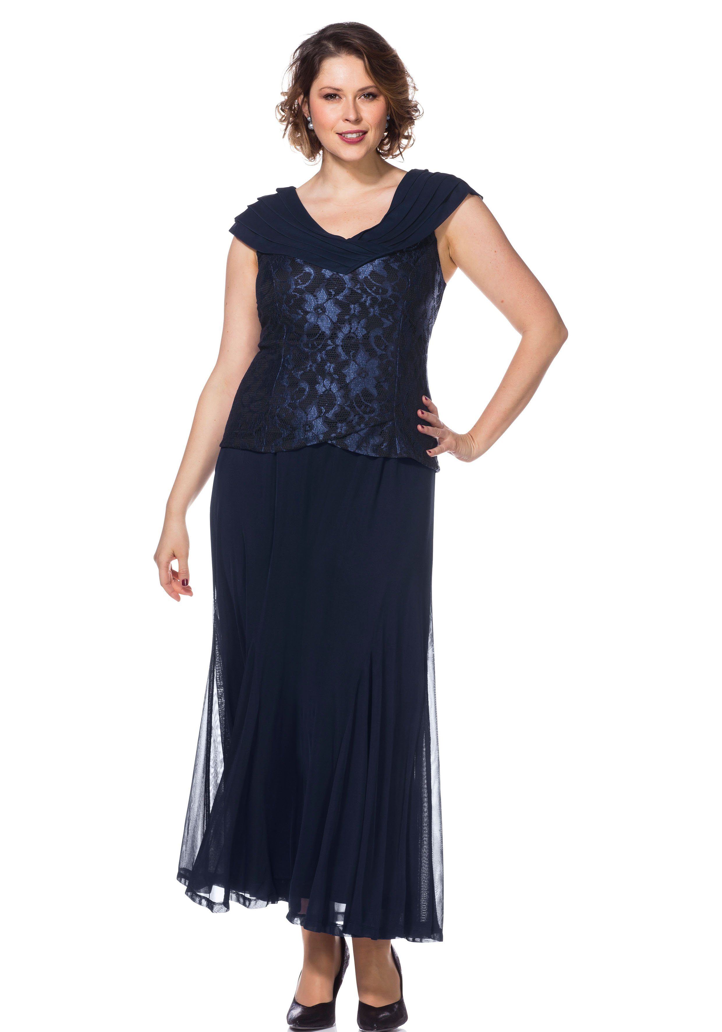 Sheego Abendkleid, mit Spitze und Schalkragen blau Damen Abendkleid Abendkleider Kleider