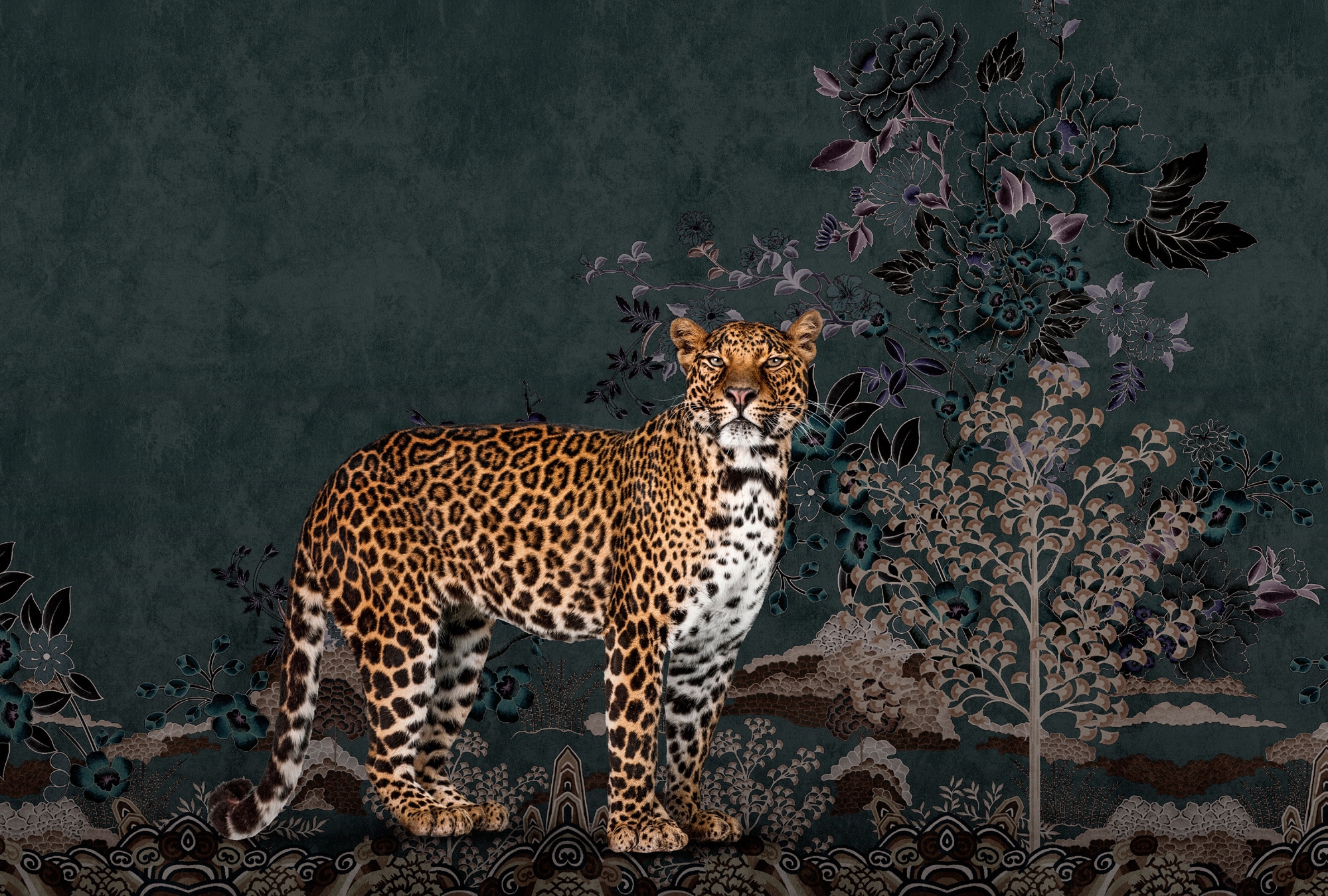 living walls Vliestapete »Leoparden-Tapete exotisch Dunkelgrün Braun Floral« matt glatt