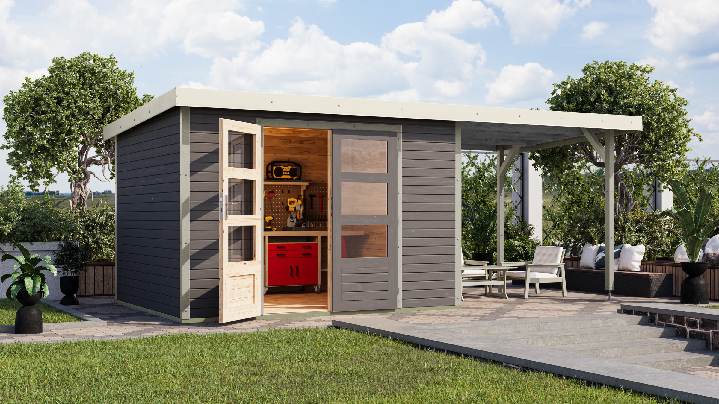 Karibu Gartenhaus ""Jupiter 5 A" SET naturbelassen, mit Anbaudach 2,35 m br günstig online kaufen