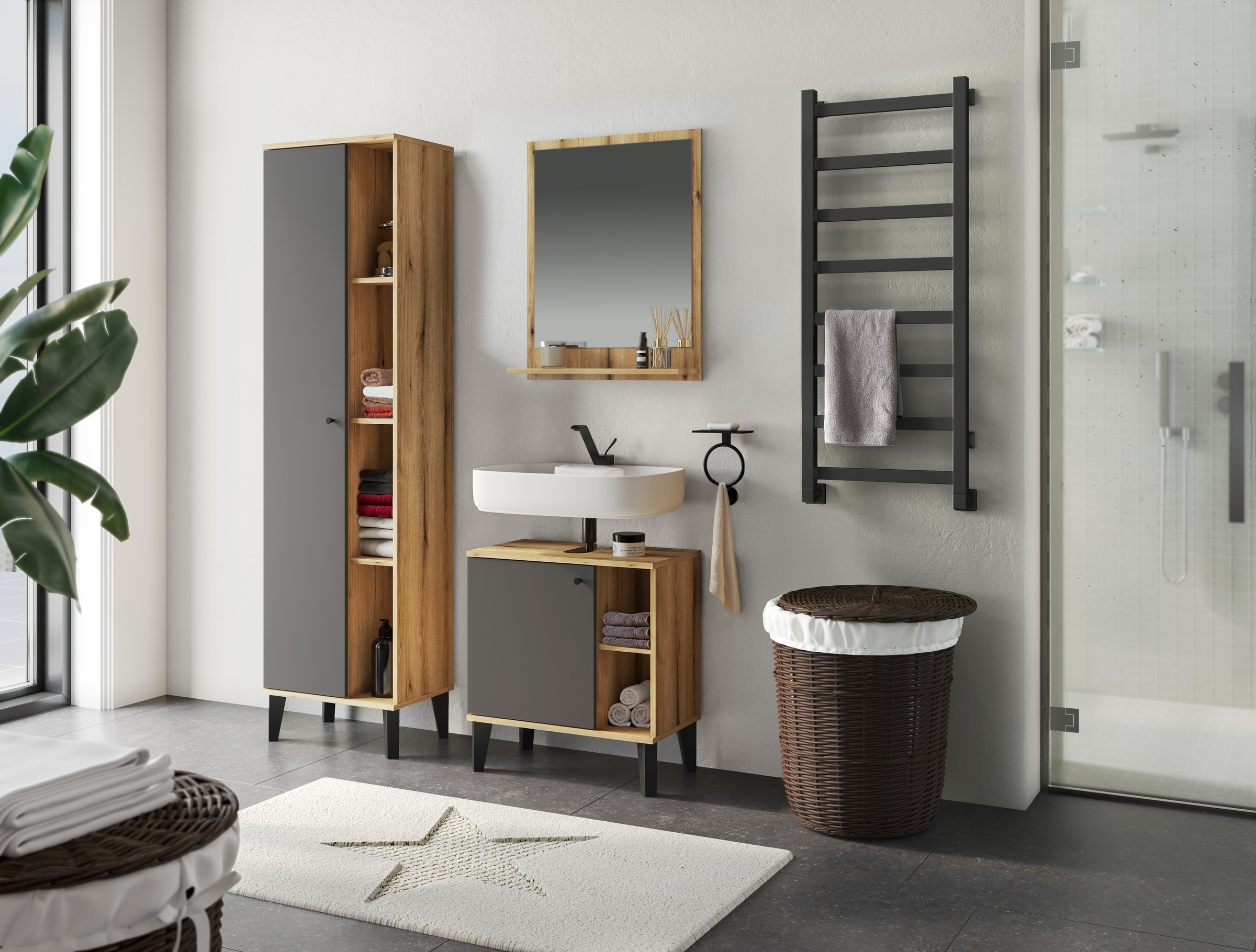 INOSIGN Badmöbel-Set »OSLO, Bad im skandinavischen Design«, (Set, 3 St.), Badschränke und Spiegel, in zwei Farben verfügbar, viel Stauraum