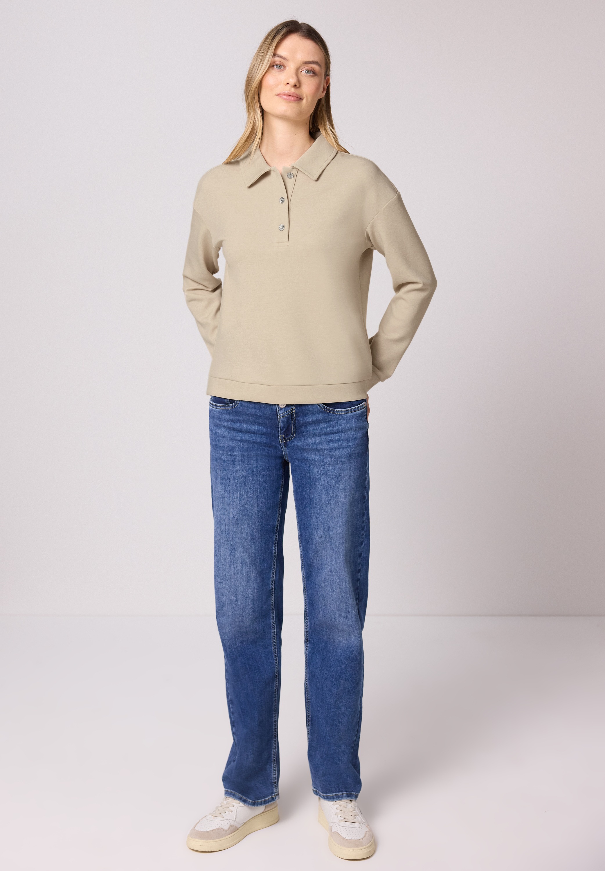 Langarmshirt STREET ONE, Damen, Gr. 34, cotton beige meliert, Stoff, 72% Polyester, 22% Viskose, 6% Elasthan, unifarben, comfort fit normal, hoch geschlossener Ausschnitt, Bündchen, Shirts Langarmshirt, Jersey 3