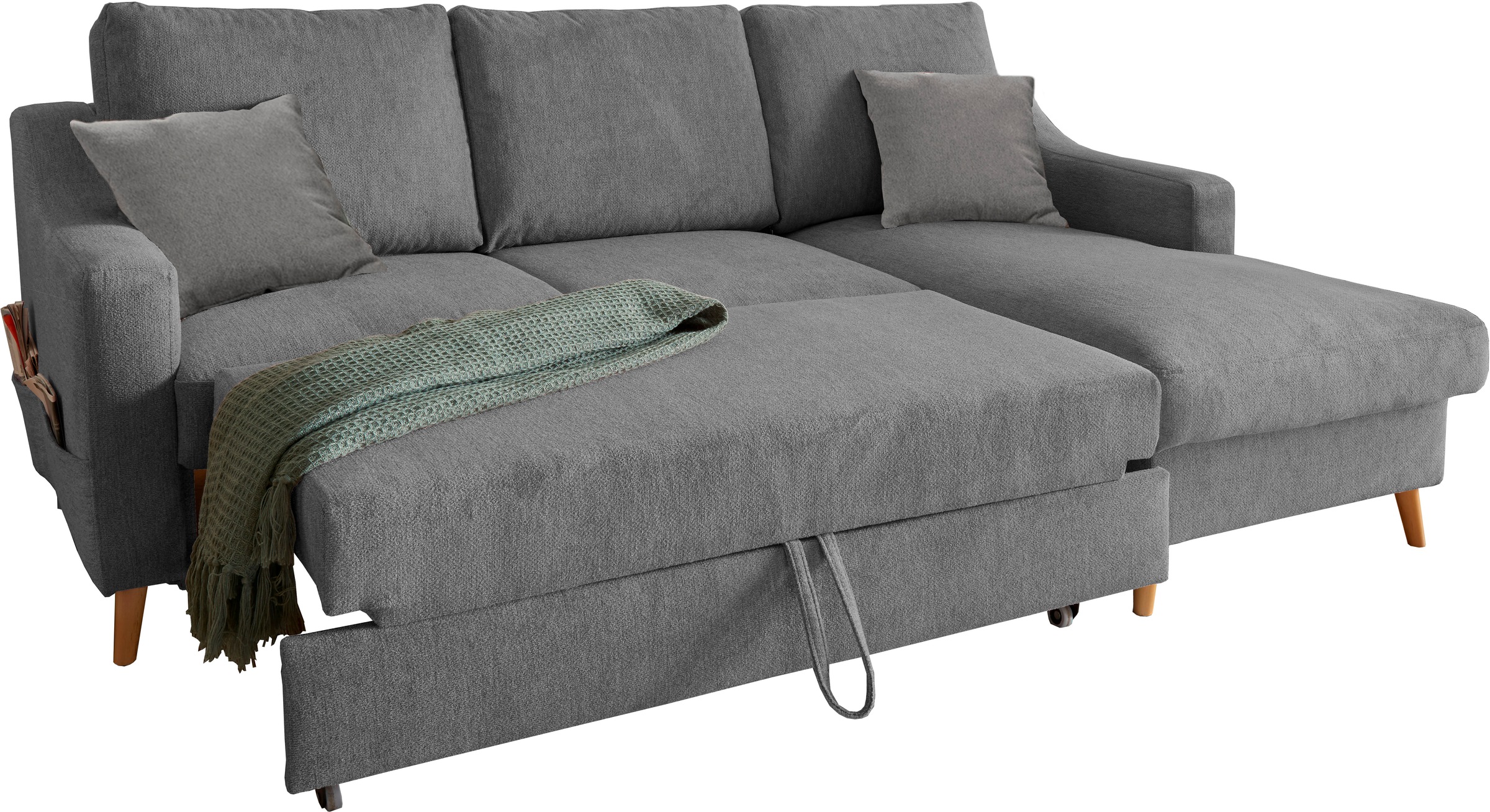 INOSIGN Ecksofa »Valentina L-Form«, 2 Zierkissen, mit Seitentasche, ausziehbarer Liegefläche, Bettkasten