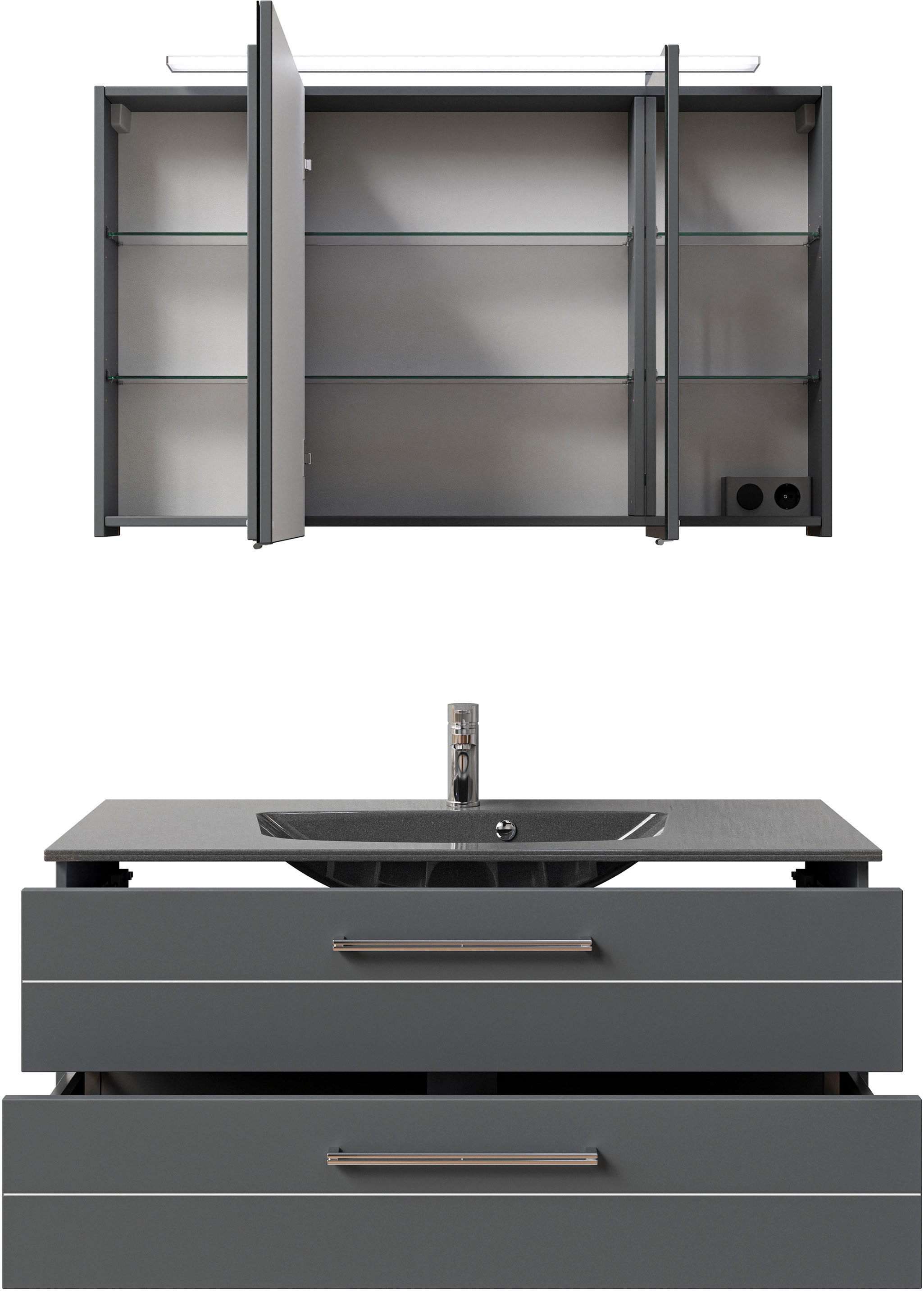 Saphir Badmöbel-Set »Serie 6025 2-teilig Mineralmarmor-Waschtisch mit LED-Spiegelschrank«, (2 St.), Waschplatz 117cm breit, 2 Schubladen, 3 Spiegel-Türen, inkl Türdämpfer