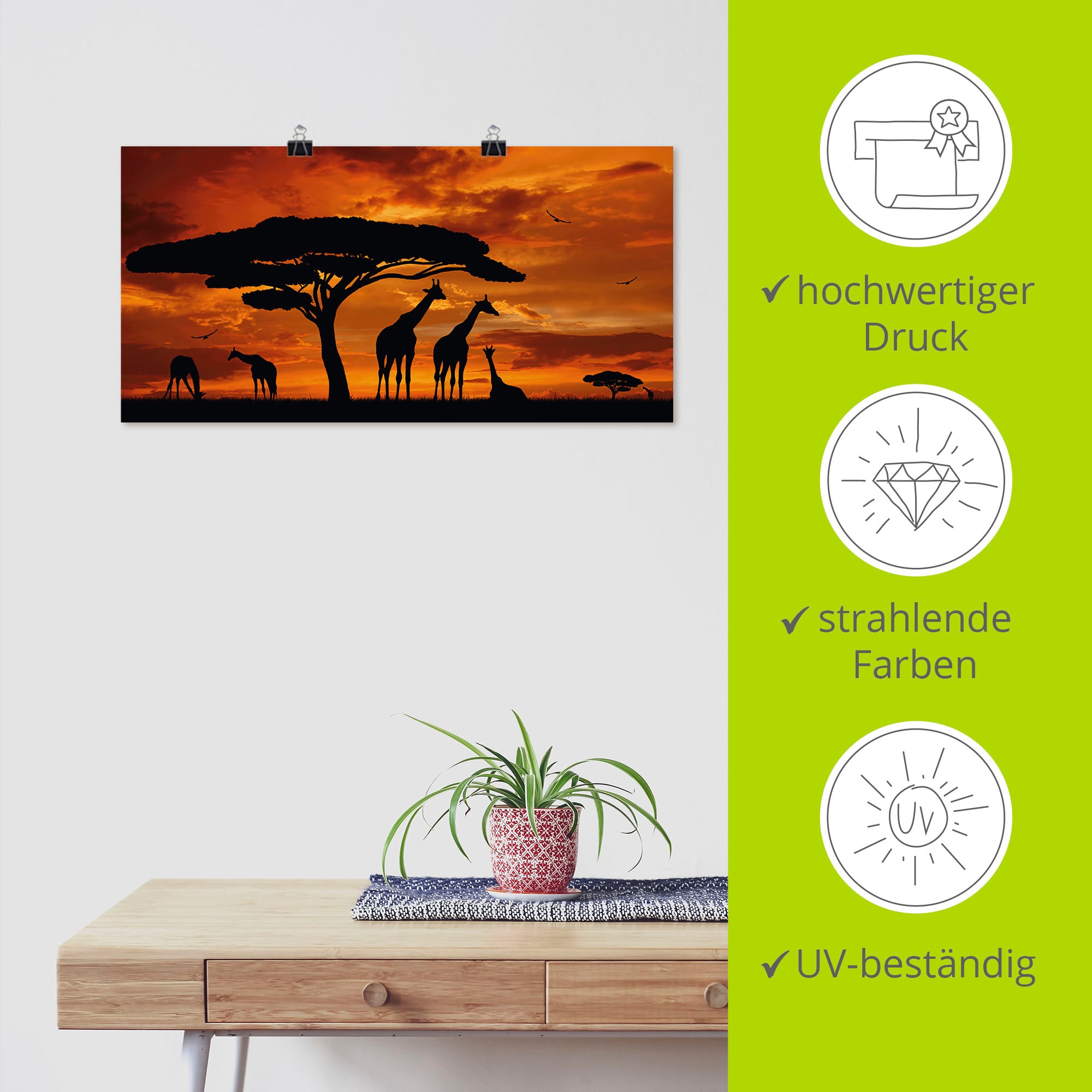 Artland Wandbild »Herde von Giraffen im Sonnenuntergang«, Wildtiere, (1 St.), als Leinwandbild, Poster in verschied. Größen