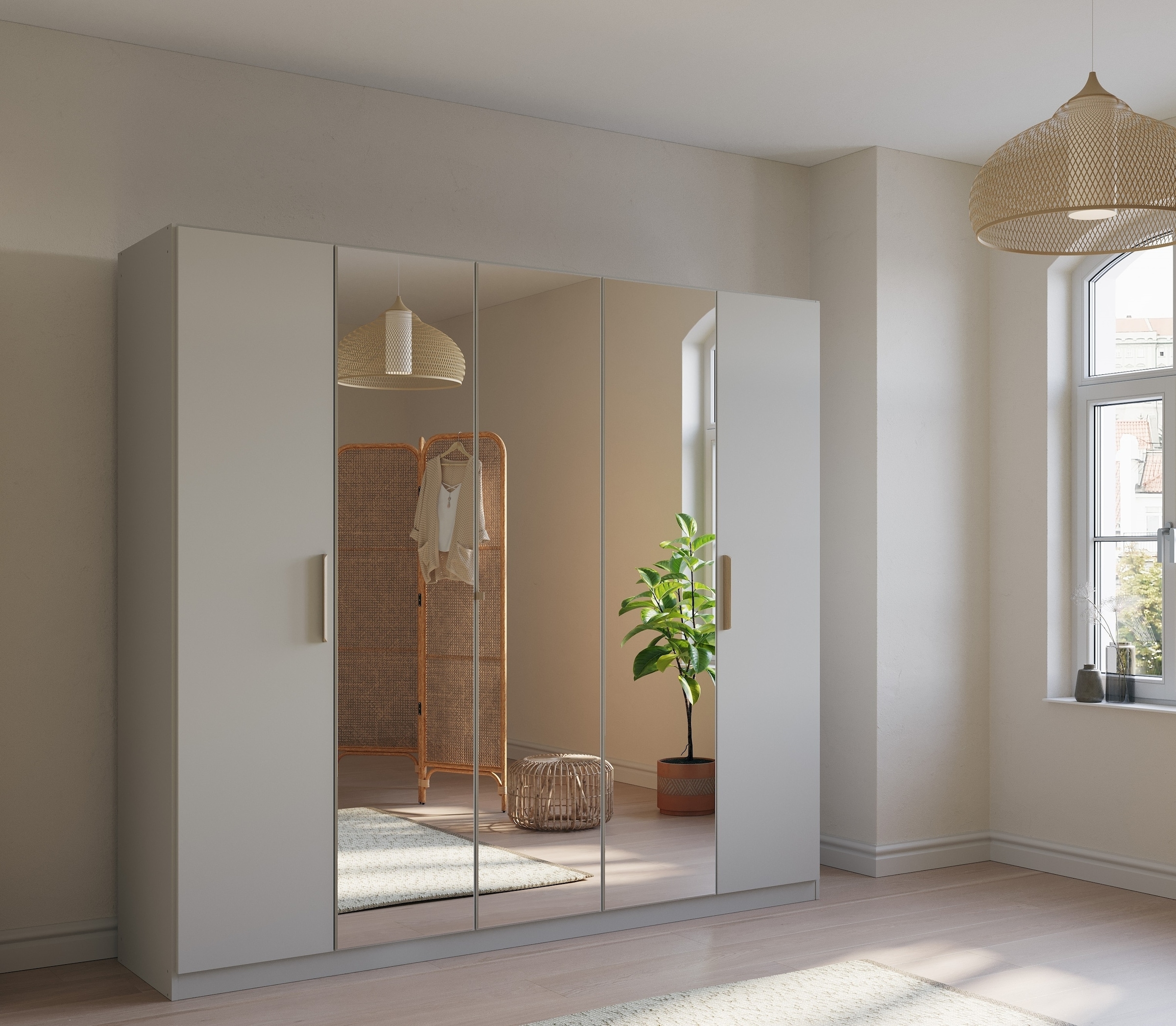rauch Kleiderschrank »Skandi by Quadra Spin Schlafzimmerschrank«, im Landhaus-Stil mit Massivholzgriffen, vollflächige SpiegeltÜren