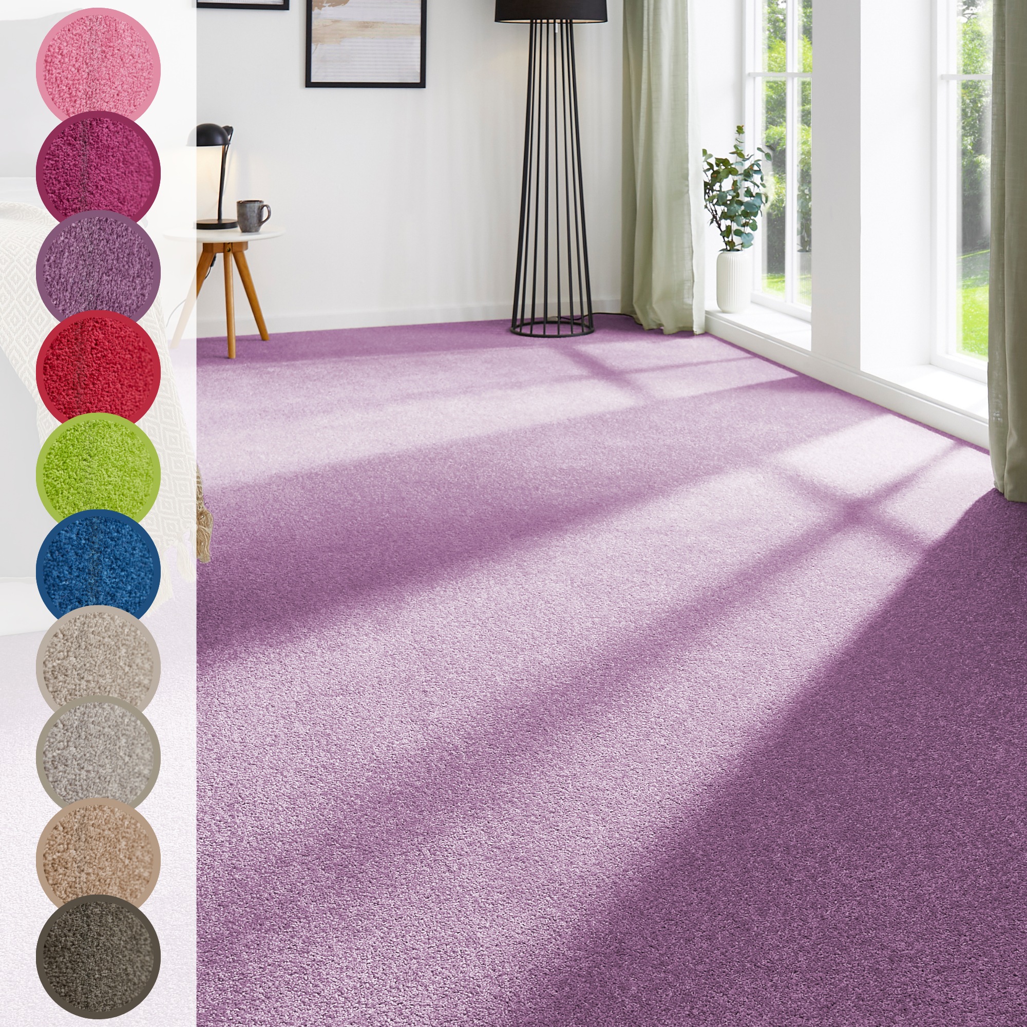 Teppichboden ANDIAMO "Ines, Kräuselvelours, Gesamthöhe 8,5 mm, Made in Netherlands", lila (dunkellila), B:400cm L:400cm, Kunstfaser, Teppiche, Uni Farben, Breite 400 cm, strapazierfähig & pflegeleicht