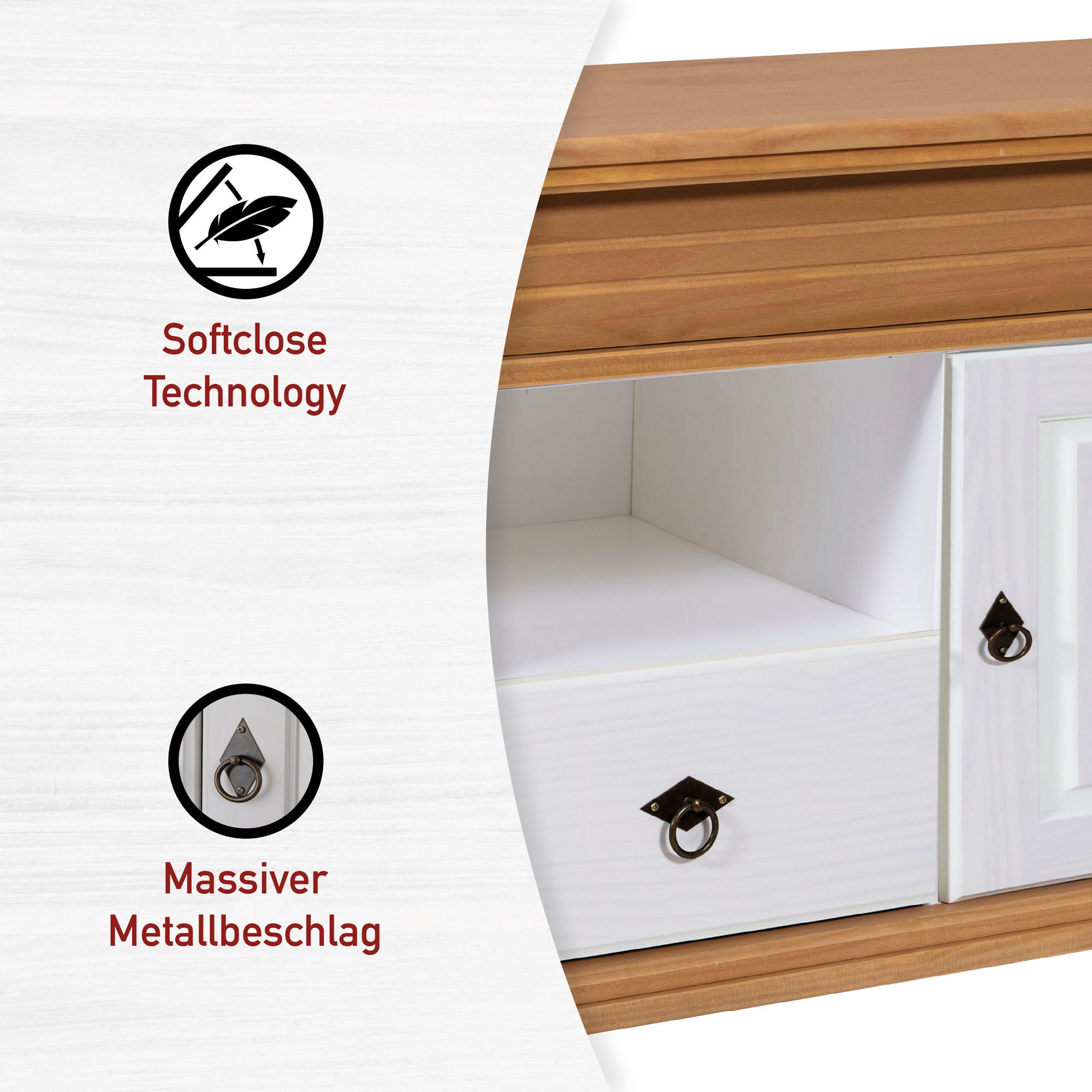 Inter Link TV-Board »Halmaro, Kiefer Massivholz, Soft-close, 159 x 46 x 65 cm, Stauraum« 1 Stk. tlg. TV Lowboard in Weiss, Braun/Oak, Landhausstil, 2 Türen, 1 Schublade