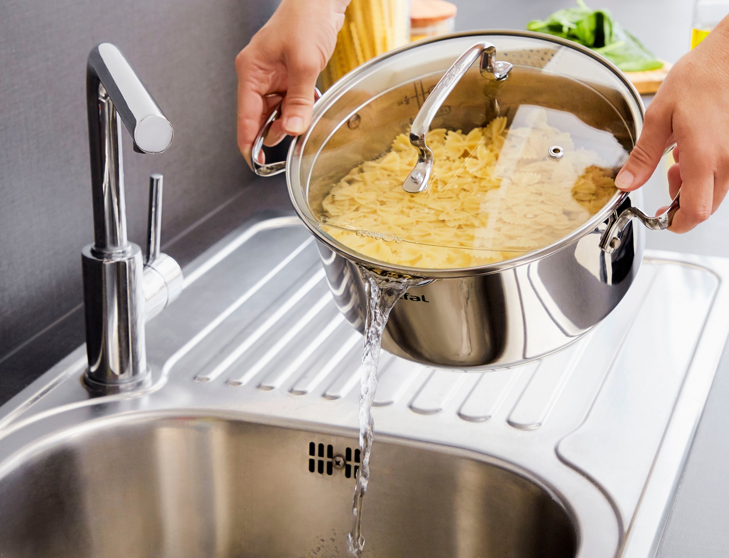 Tefal Kochtopf »Duetto+«, Edelstahl 18/10, hochglanzpoliert, Glasdeckel mit Siebfunktion