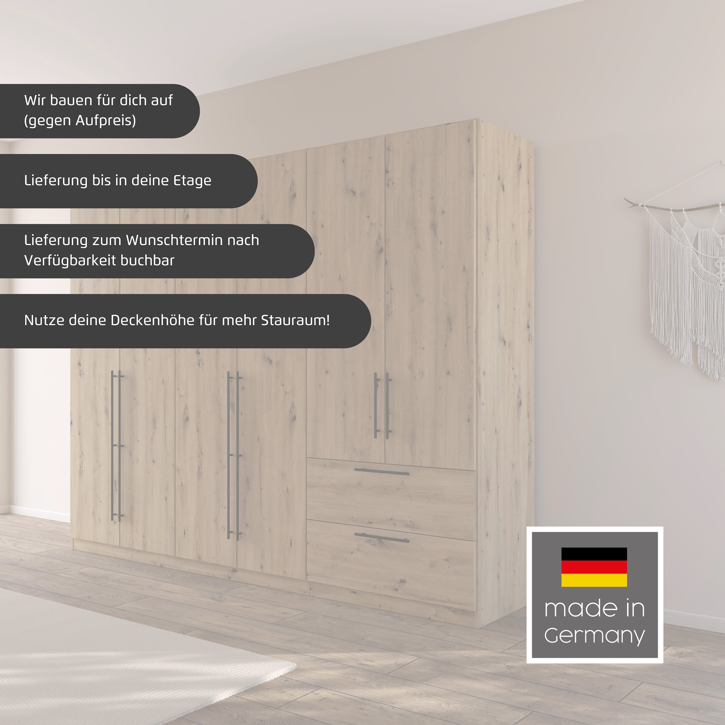rauch Kleiderschrank »Drehtürenschrank Schrank Garderobe Wäscheschrank Schlafzimmer AVOLA«, (in 3 verschiedenen Ausstattungen BASIC/CLASSIC/PREMIUM), mit hochwertigen Stangengriffen aus Metall in Schwarz MADE IN GERMANY