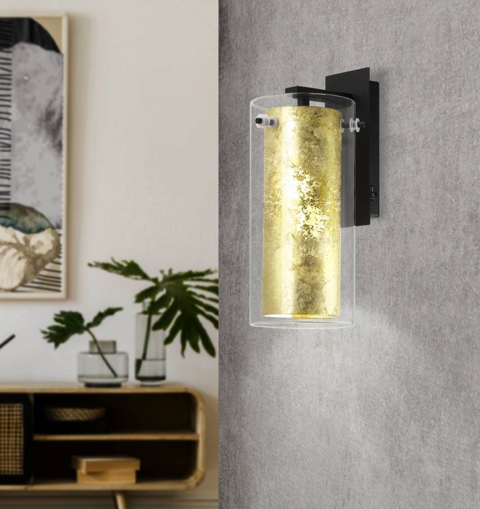 EGLO Wandleuchte »PINTO GOLD«, 1 flammig, Leuchtmittel E27 | ohne Leuchtmittel, Wandleuchte, Stahl, Schwarz, Glas: klar, gold, E27, inkl. Schalter