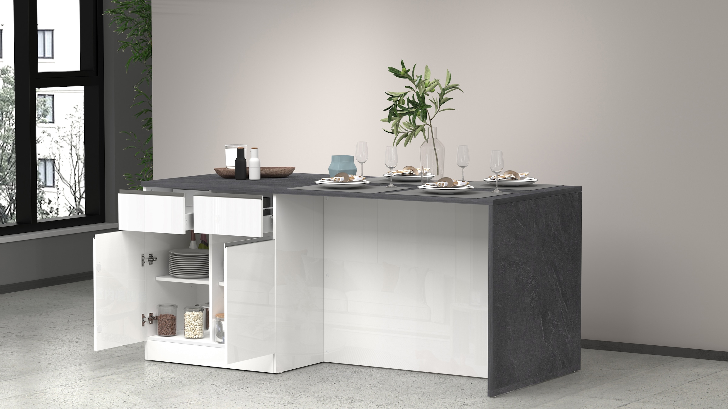 KOCHSTATION Kücheninsel »Sole,Kochinsel,Küchenarbeitsblock,Inselküche,Arbeitsinsel«, Breite 200 cm mit 4 Türen,4 Schubkästen, Aluminiumgriff