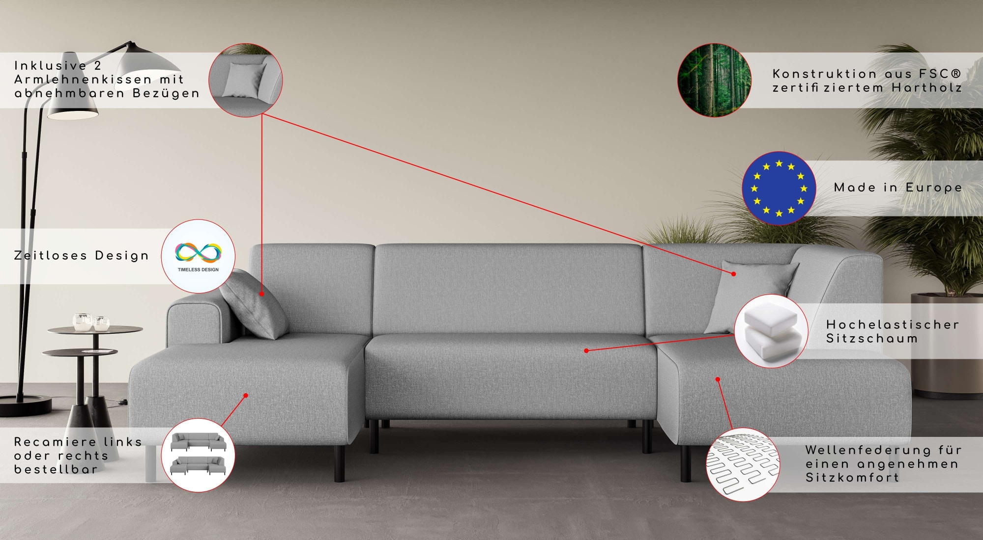 Home affaire Wohnlandschaft »ARROS U-Form mit Wellenunterfederung, Maße B/T/H: 300/163/81 cm«, incl. Zierkissen, mit Recamiere links/rechts bestellbar, auch in Cord
