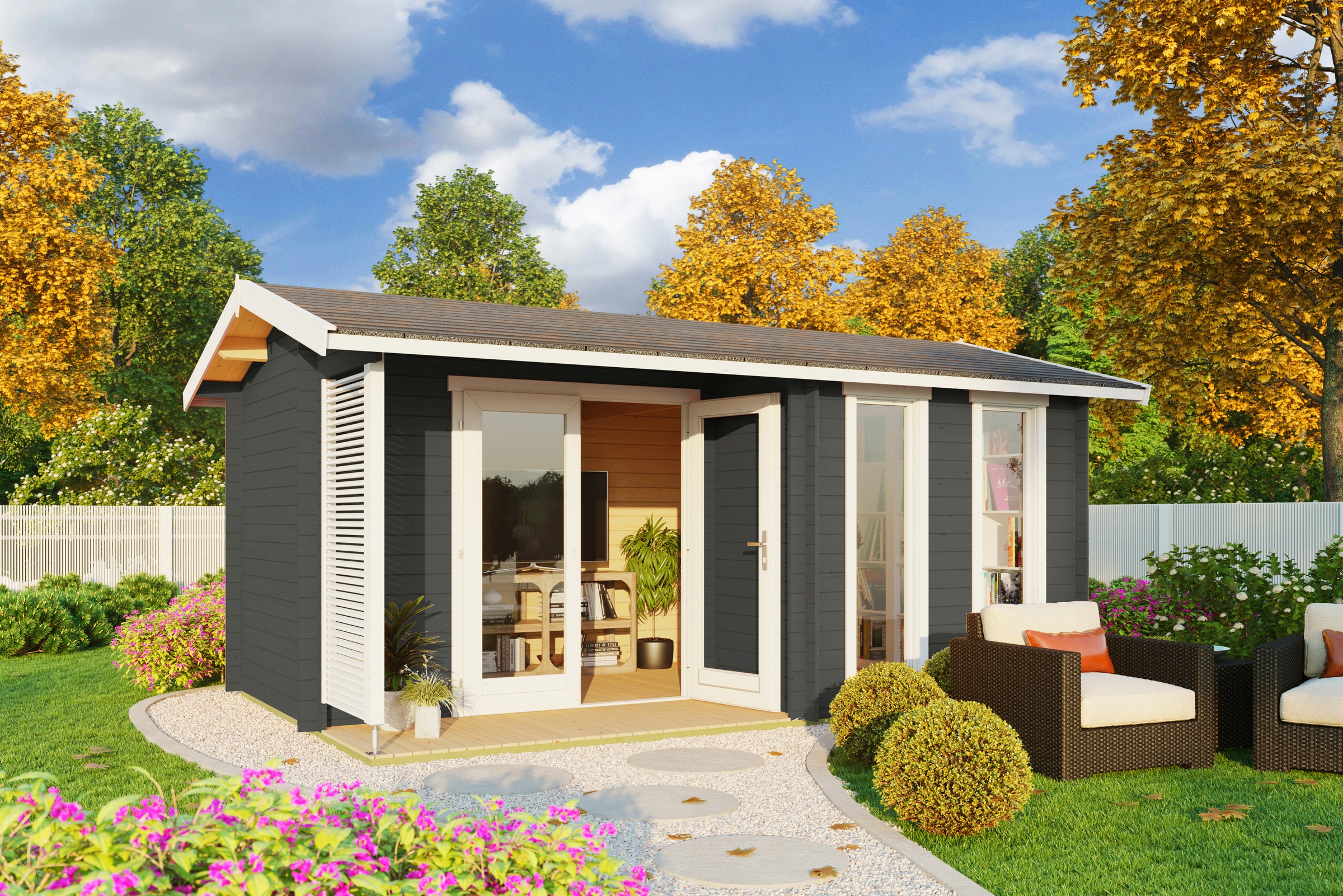 LASITA MAJA Gartenhaus »Riverside«, (Set), Blochbohlenhaus 28mm Terrasse, Fundamentmass 4800x3000, Carbongrau
