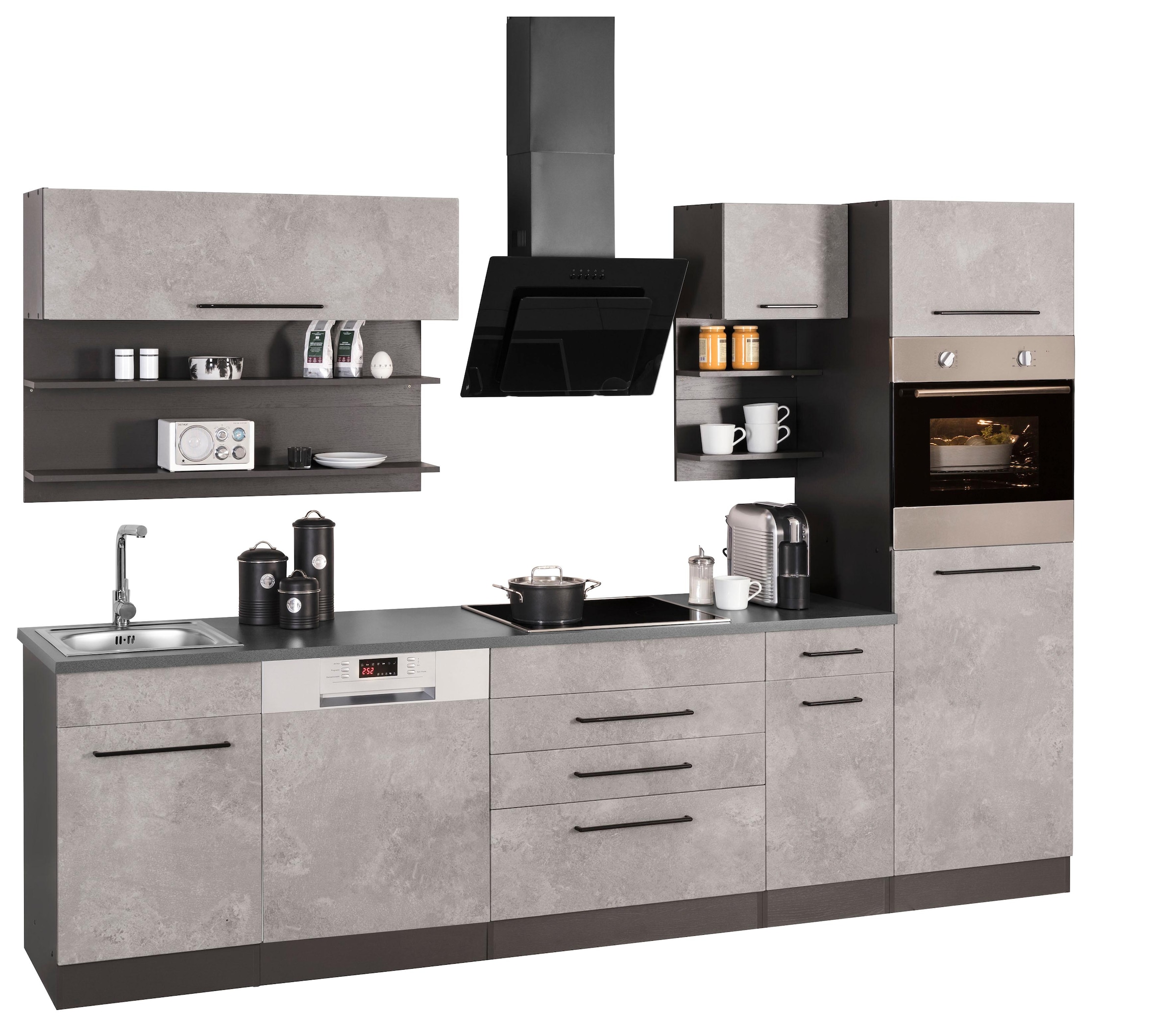 KOCHSTATION Küchenzeile »KS-Tulsa«, mit E-Geräten, Breite 290 cm, schwarze Metallgriffe, MDF Fronten