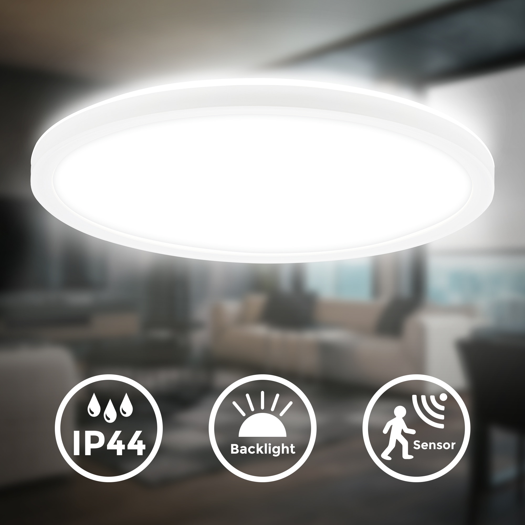 B.K.Licht LED Deckenleuchte »BKL1604 Ultraflache LED Badleuchte, mit Microwavesensor, IP44«, 1 flammig, Leuchtmittel LED-Modul | LED fest integriert, 4.000K, 2.400 Lm, 18W, indirekte Hintergrundbeleuchtung, ⌀29cm, Weiß