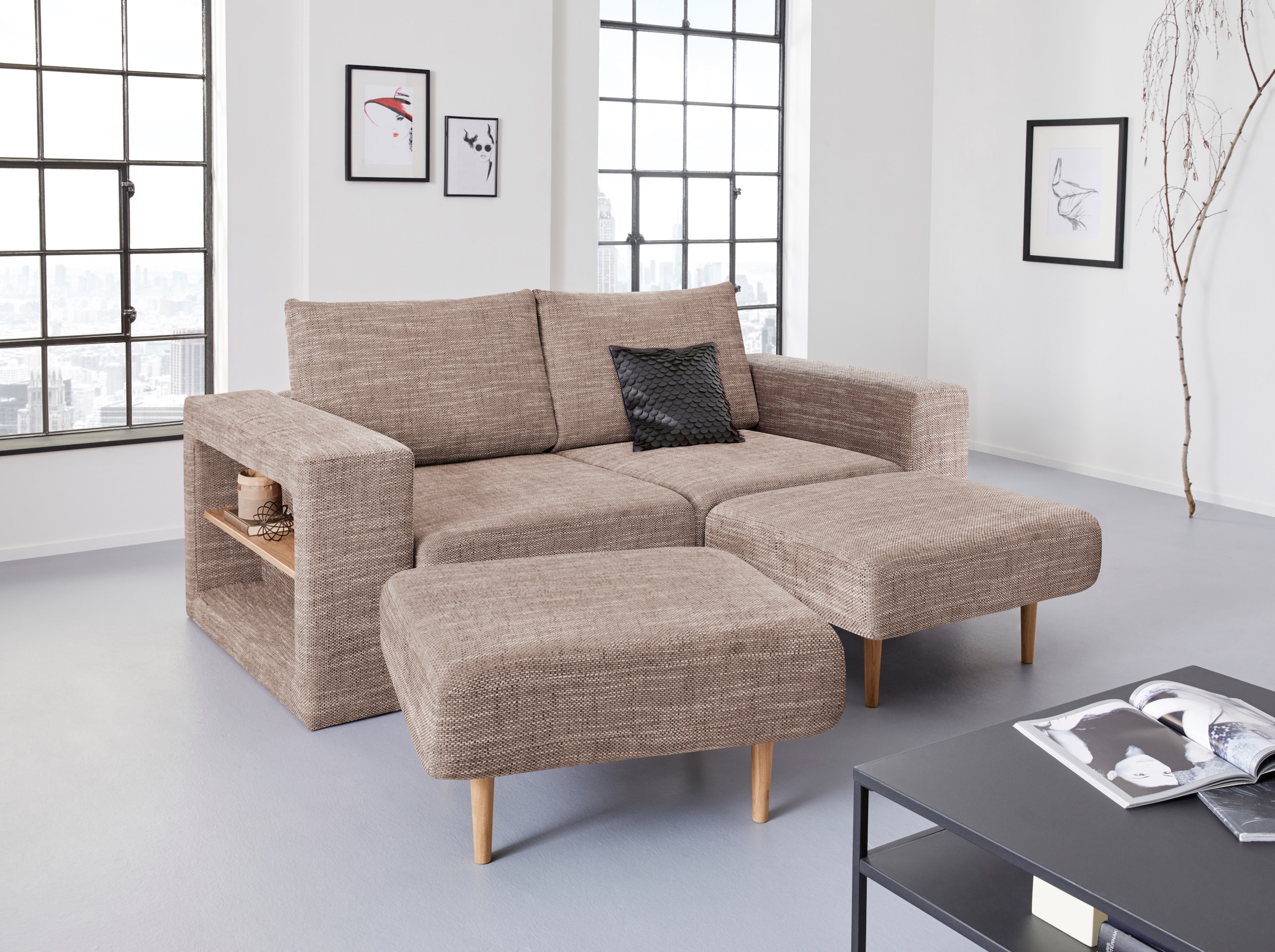 LOOKS by Wolfgang Joop 3-Sitzer "Looksvb", Verwandlungssofa: aus Sofa wird Sofa mit 2 Hockern, mit Regalfunktion