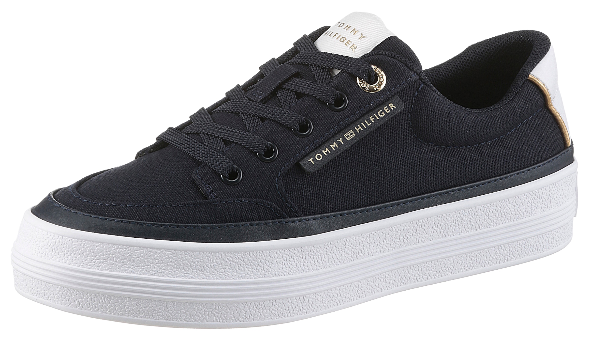 Tommy Hilfiger Plateausneaker »ESSENTIAL VULC TEXTILE SNEAKER«, Freizeitschuh, Halbschuh, Schnürschuh mit goldfarbenen Details