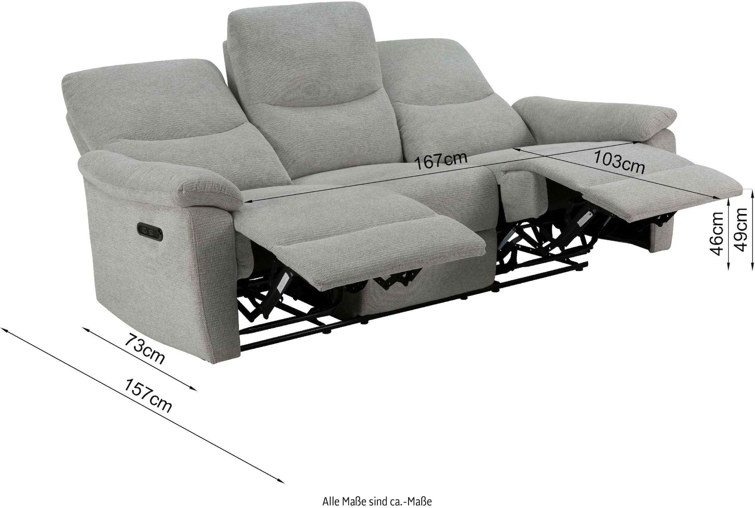 Home affaire 3-Sitzer »ODILON manuelle und elektrische Relaxfunktion in 2 Sitzen, Federkern,«, 105°-150° Relax- und Liegeposition, Federkernpolsterung