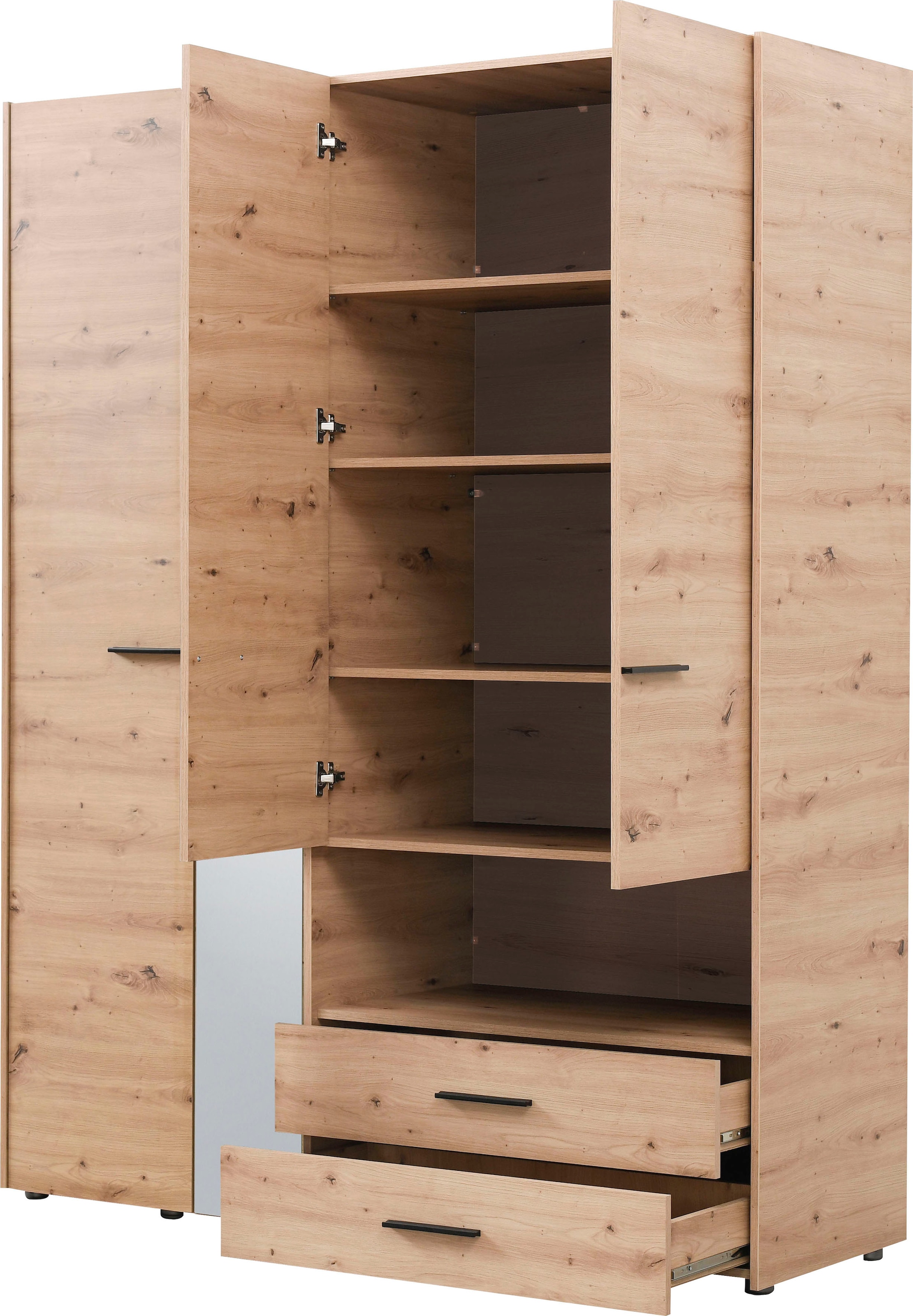INOSIGN Kleiderschrank »Leon, FSC® -zertifiziertem Holzwerkstoff«, mit Spiegel, Innenausstattung und 2 Schubladen, 127,5x55x205,5cm