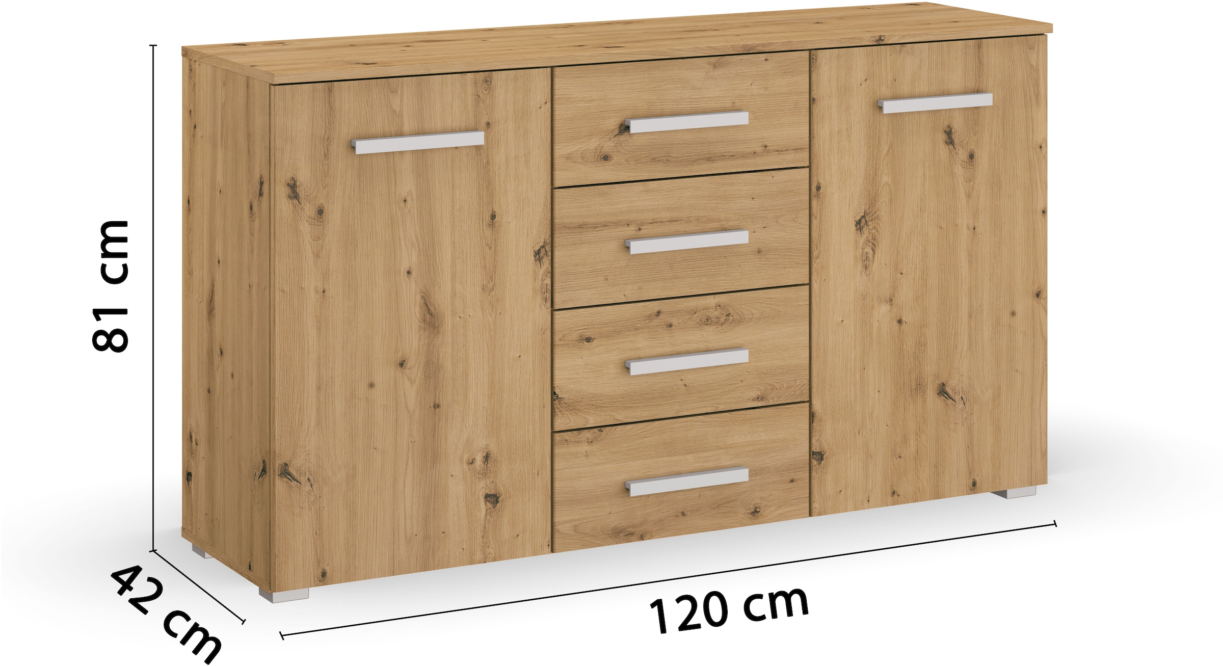 rauch Schubkastenkommode »Sideboard Kommode Kombikommode KOLUNA mit Dekorfront«, (Breite 120 cm inkl. Soft-Close-Funktion), vier große Schubladen, mit insgesamt 4 Einlegeböden MADE IN GERMANY
