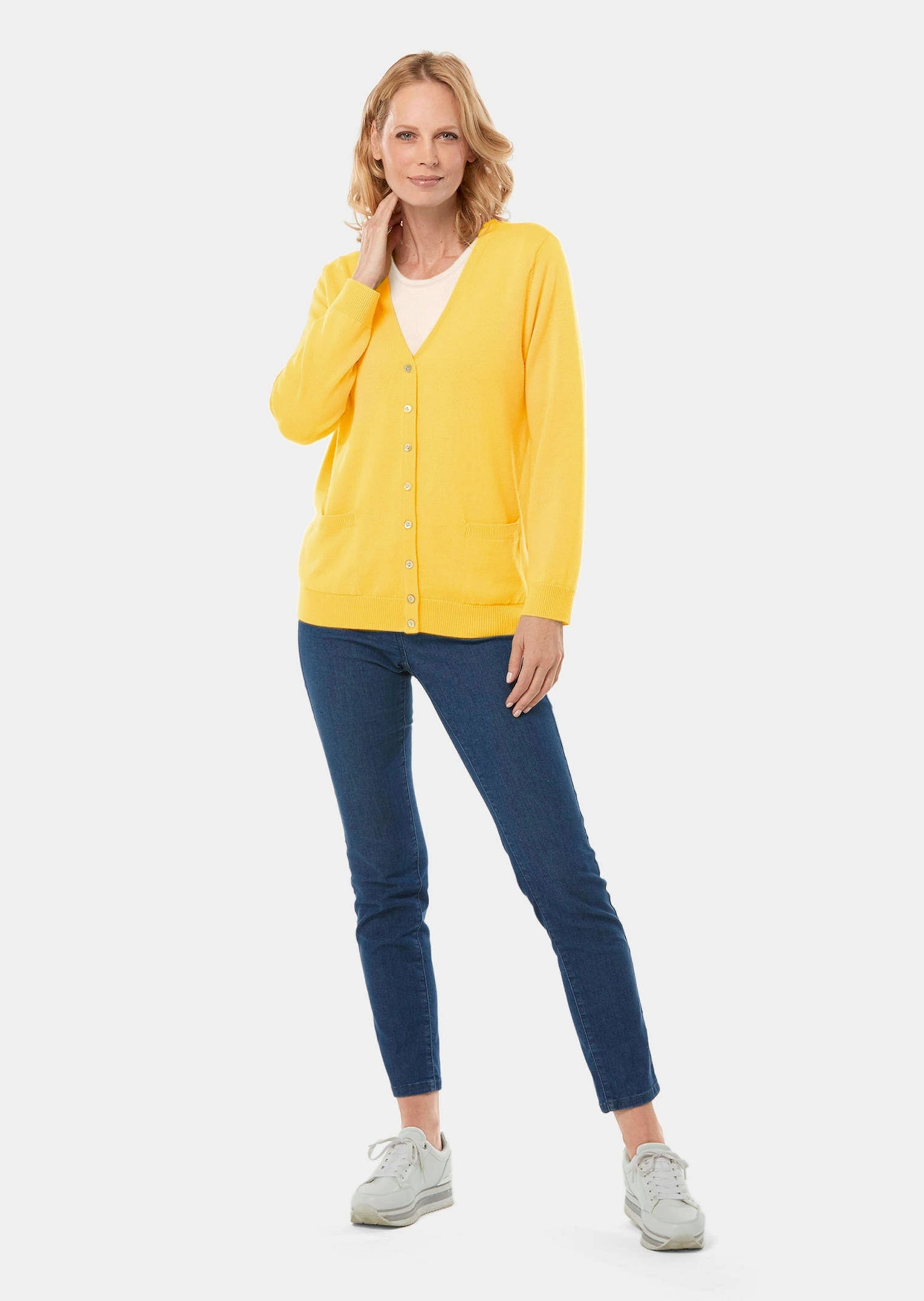 Strickjacke GOLDNER "Kurzgröße Uni Merino-Cardigan Langarm", Damen, Gr. 21, gelb, Obermaterial: 100% Schurwolle WV., Basic, normal, Rippe, Strickjacken Strickjacke, Rippenbündchen 3