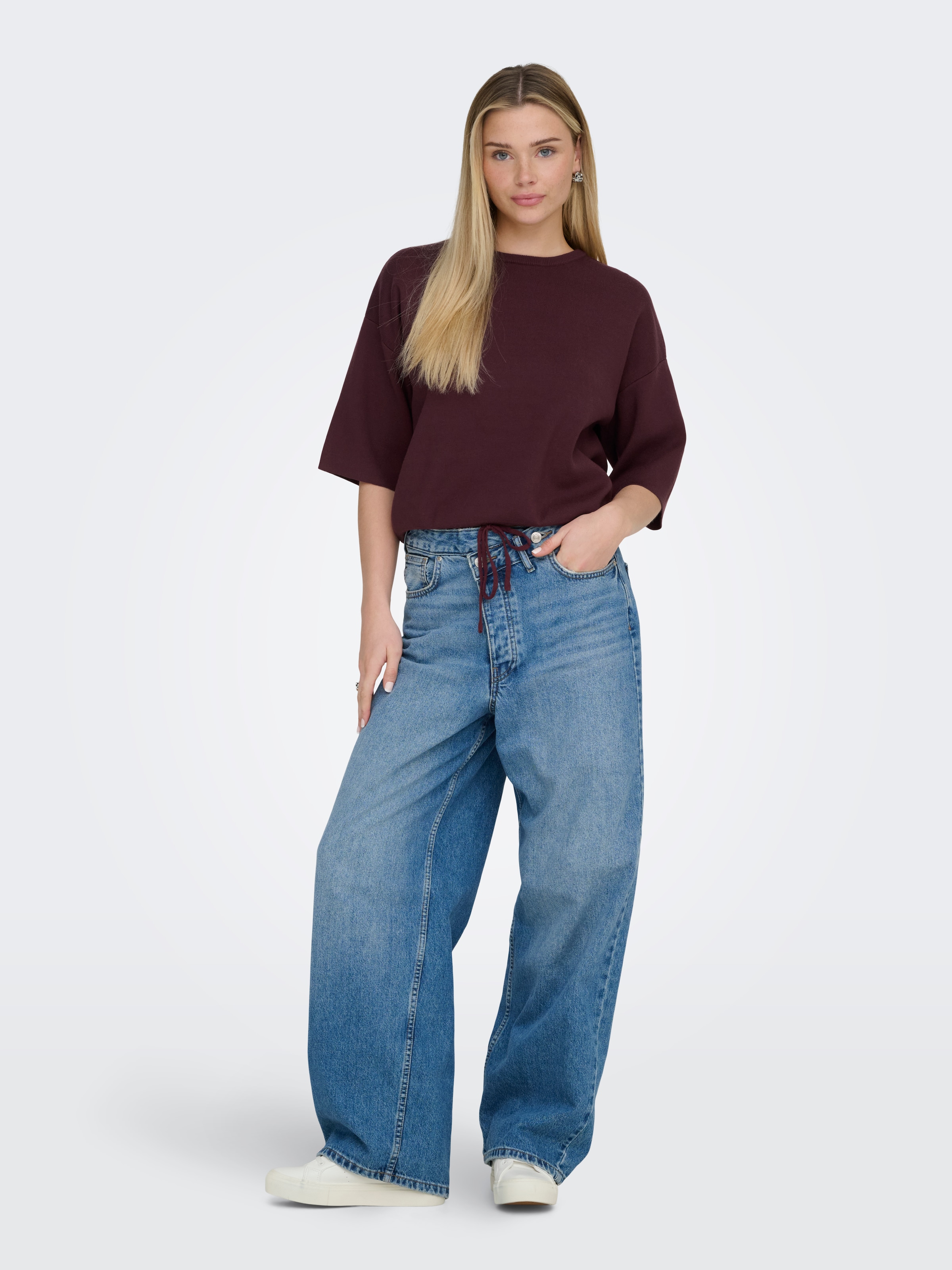ONLY Kurzarmpullover »ONLSITERI SS LOOSE TIE O-NECK TOP CC KNT«