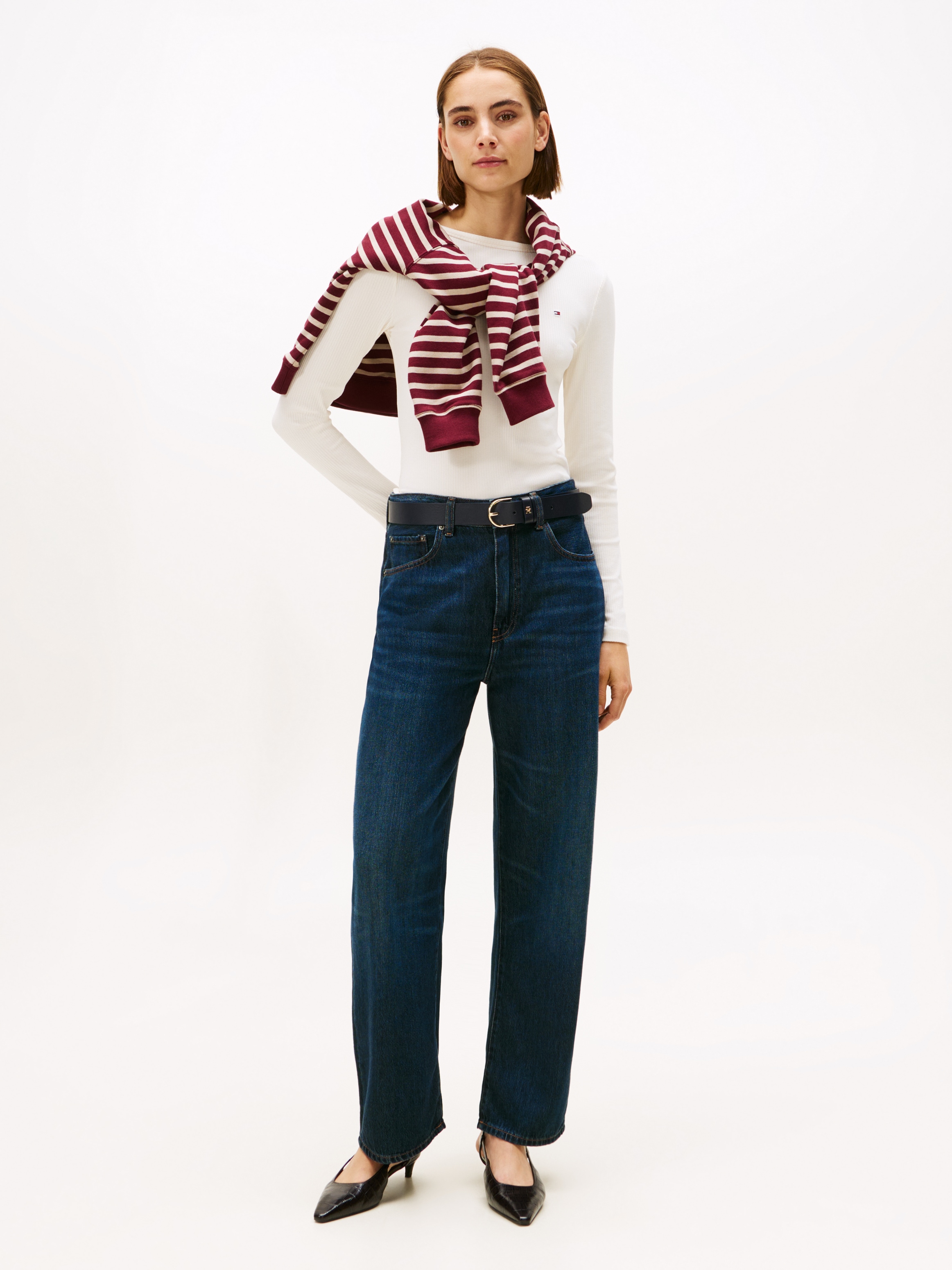 Tommy Hilfiger Langarmshirt »SLIM 5X2 RIB BOAT-NK LS mit U-Boot Ausschnitt und Rippstruktur«, unifarben, casual, slim fit, Viskosemix, U-Boot-Ausschnitt