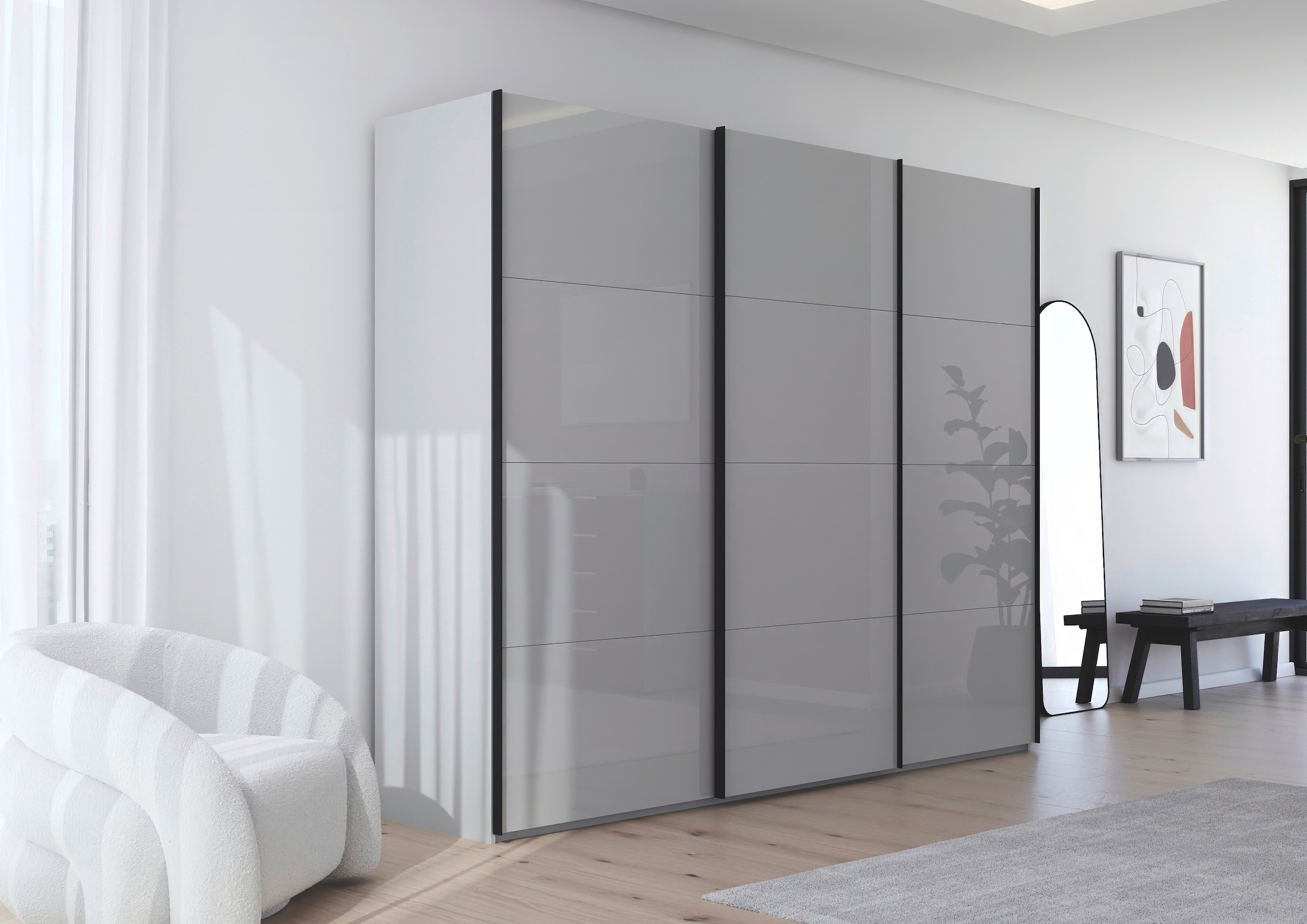 rauch Schwebetürenschrank »Kleiderschrank Schrank Garderobe Schlafzimmerschrank SCALE-FYRA«, edle viergeteilte Türen mit Glas-Front viele Farben MADE IN GERMANY