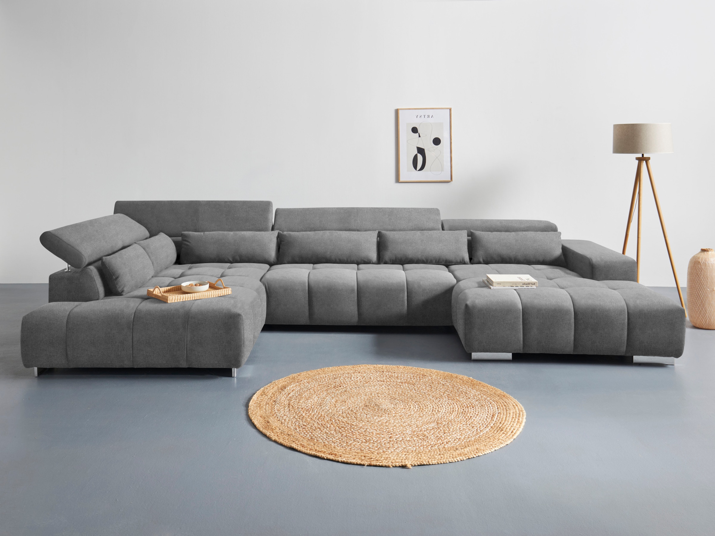 COTTA Wohnlandschaft "Orion U-Form XXL, B: 409 cm, bequeme Wellenunterfederung, top modern" mit Kopfteilverstellung & 6 Nierenkissen