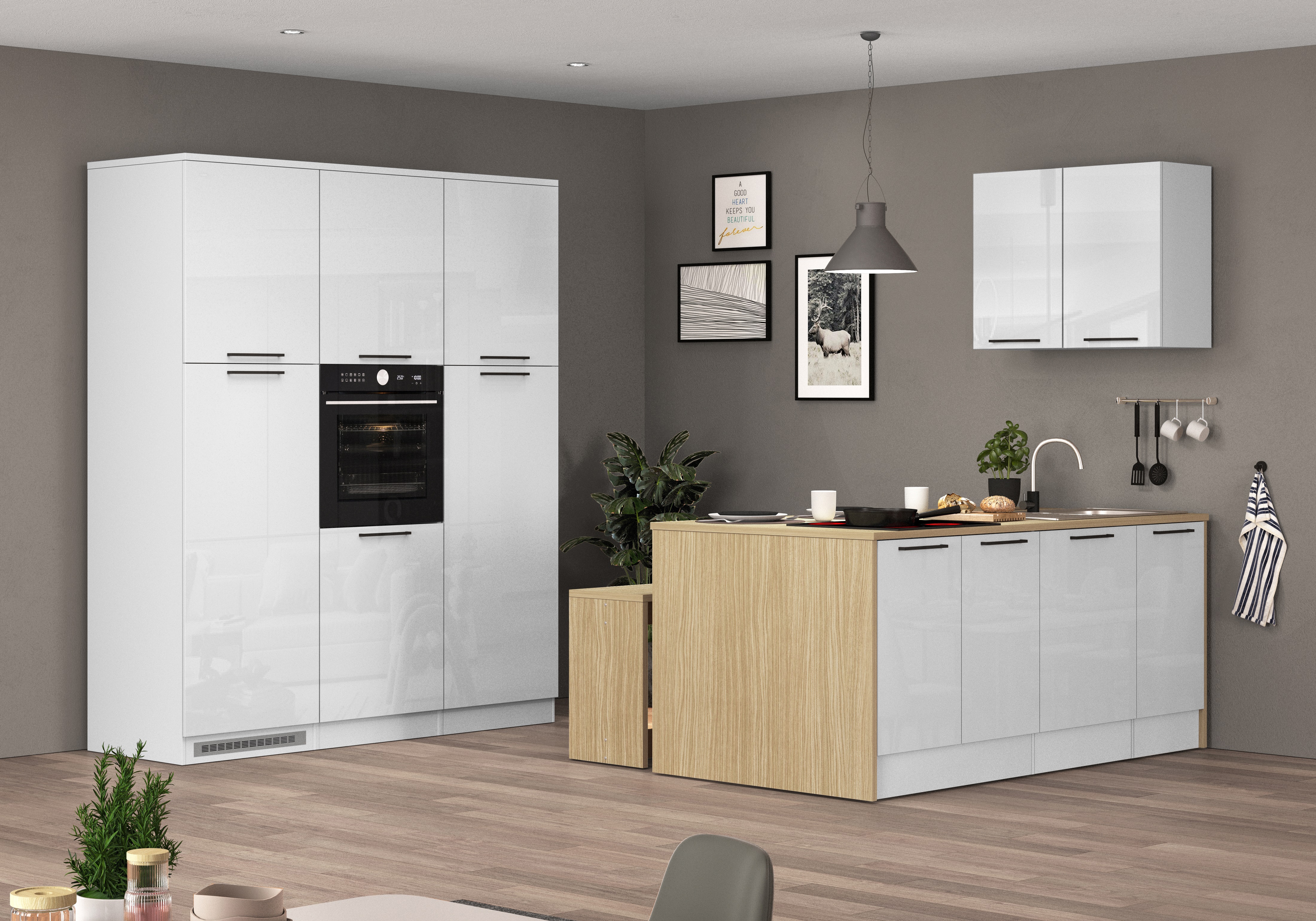 KOCHSTATION Küchenzeile "Luna, Küchenblock, Kücheninsel, Hängeschrank, Made in Italy" 3er-Set, Metallgriffe, Soft-Close-Funktion, inklusive Spüle