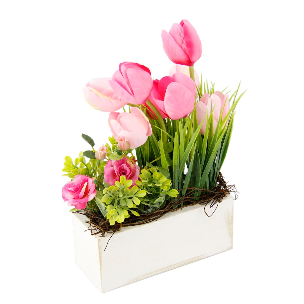 my home Gestecke »Tulpen Wildrosen und Gras«, Im Topf, aus Holz, Blumendeko