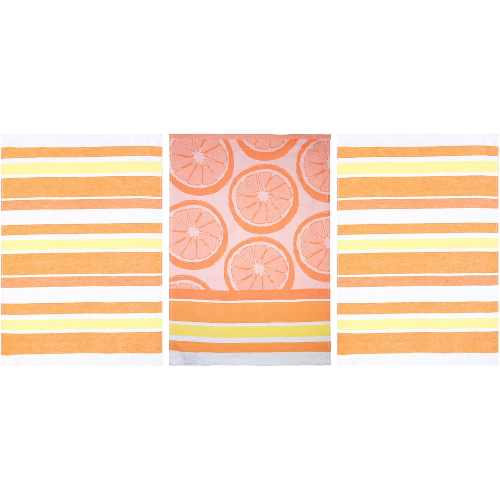 stuco Geschirrtuch »Summer Fruits Orange«, (Set, 3 tlg., 1x Geschirrtuch Früchte-Motiv,2 weitere Geschirrtücher Streifenoptik)