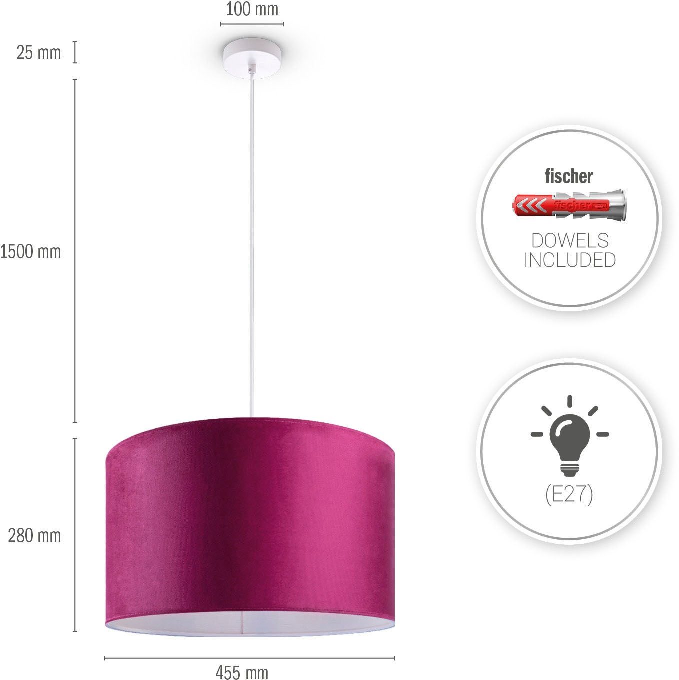 uni »Hugo E27 Wohnzimmer Kabel Home Paco Unifarben | Pendelleuchte BAUR Deko 1,5m Color«, Velour Lampenschirm aus