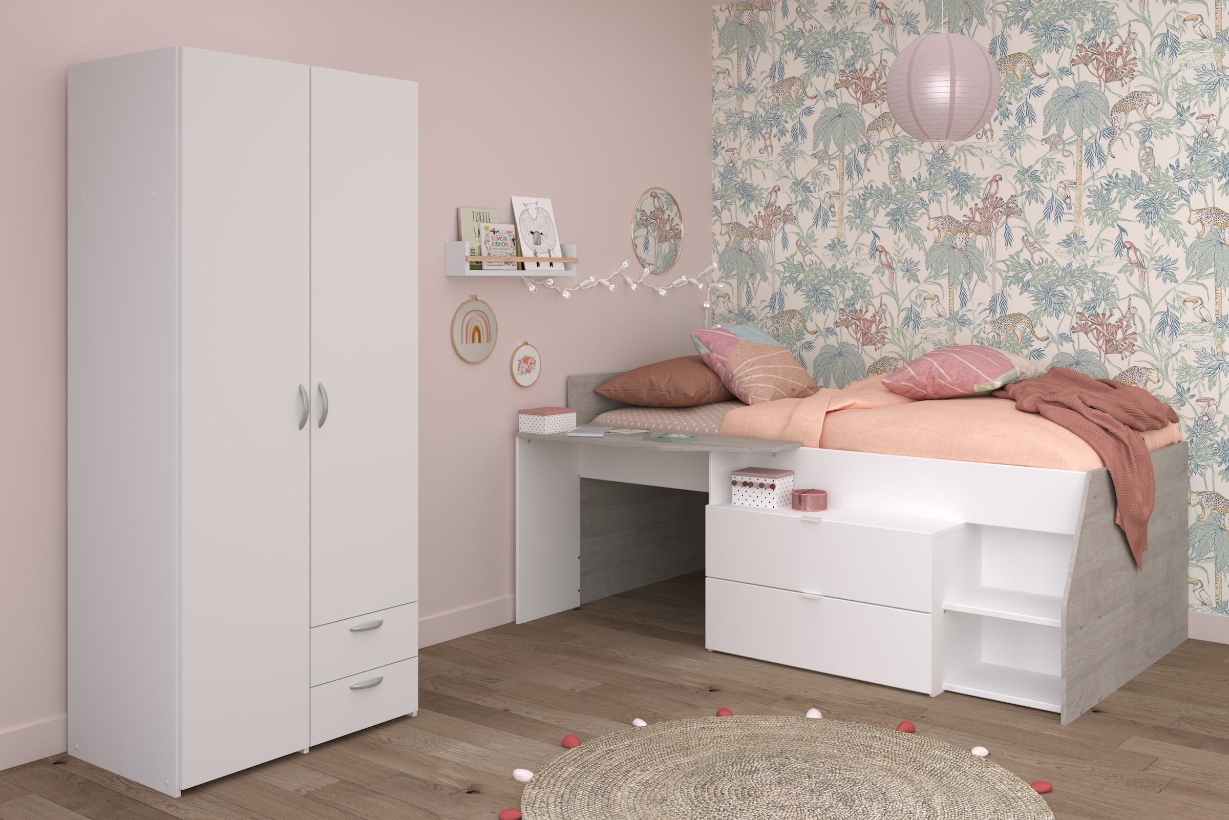 Parisot Jugendzimmer-Set »Parisot Milky 14«, (2 tlg., Bestehend aus halbhohem Hochbett und 2-trg. Kleiderschrank)