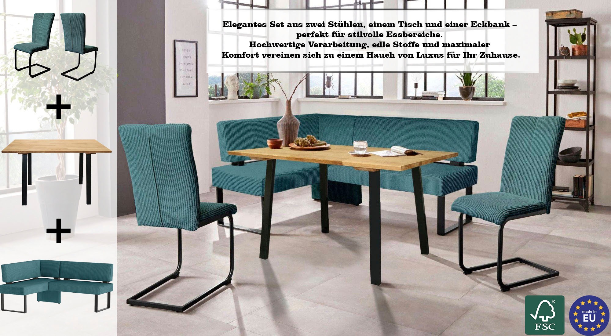 OTTO home Eckbankgruppe »Oliver« Set, 4-tlg, 4 Stk. tlg. Eckbank mit Wellenunterfederung im Sitz, Tisch Massiv Eiche