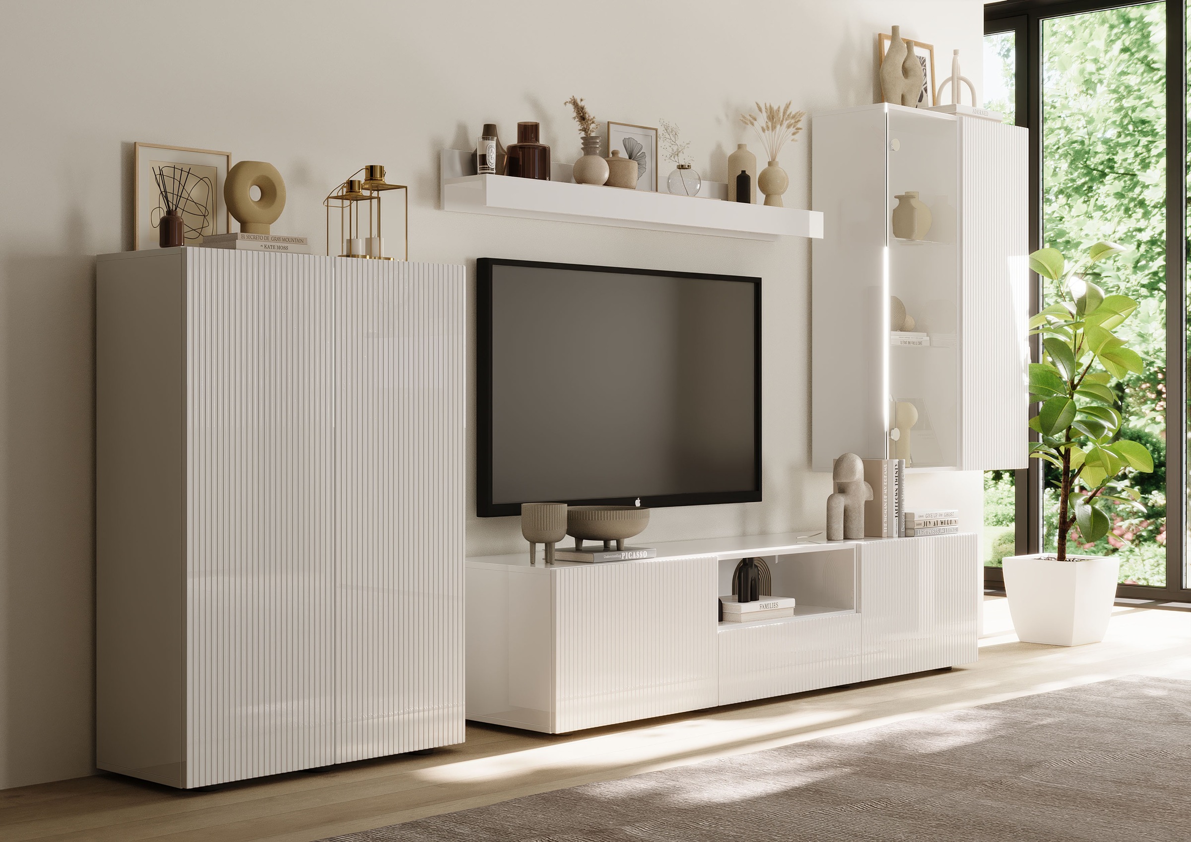 INOSIGN Wohnwand »Rio, 4tlg. Breite 300 cm, modernes, elegantes Wohnzimmer-Set«, (4 St.), (Lowboard, Highboard, Hängevitrine, Wandboard), Front geriffelt