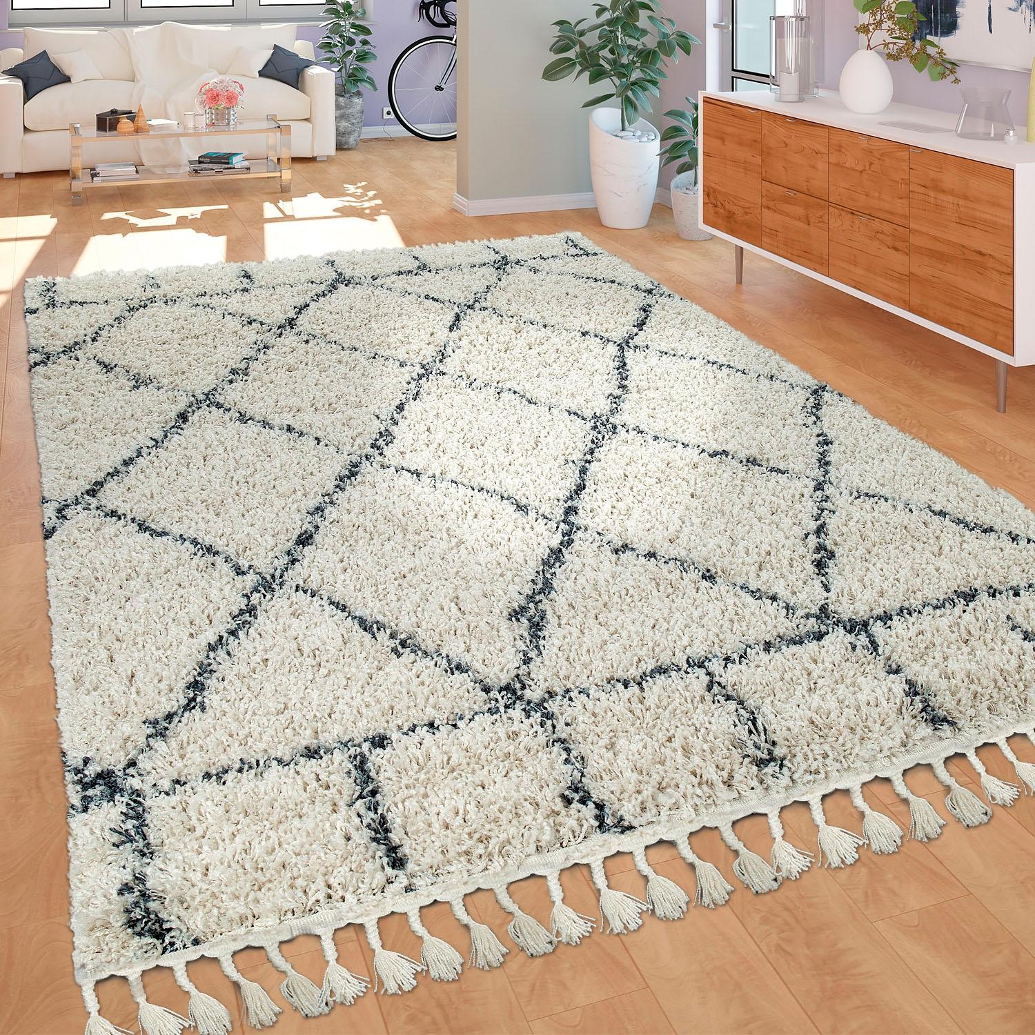 Paco Home Hochflor-Teppich »Nador 755«, rechteckig, weicher Shaggy mit Rauten Design und Fransen