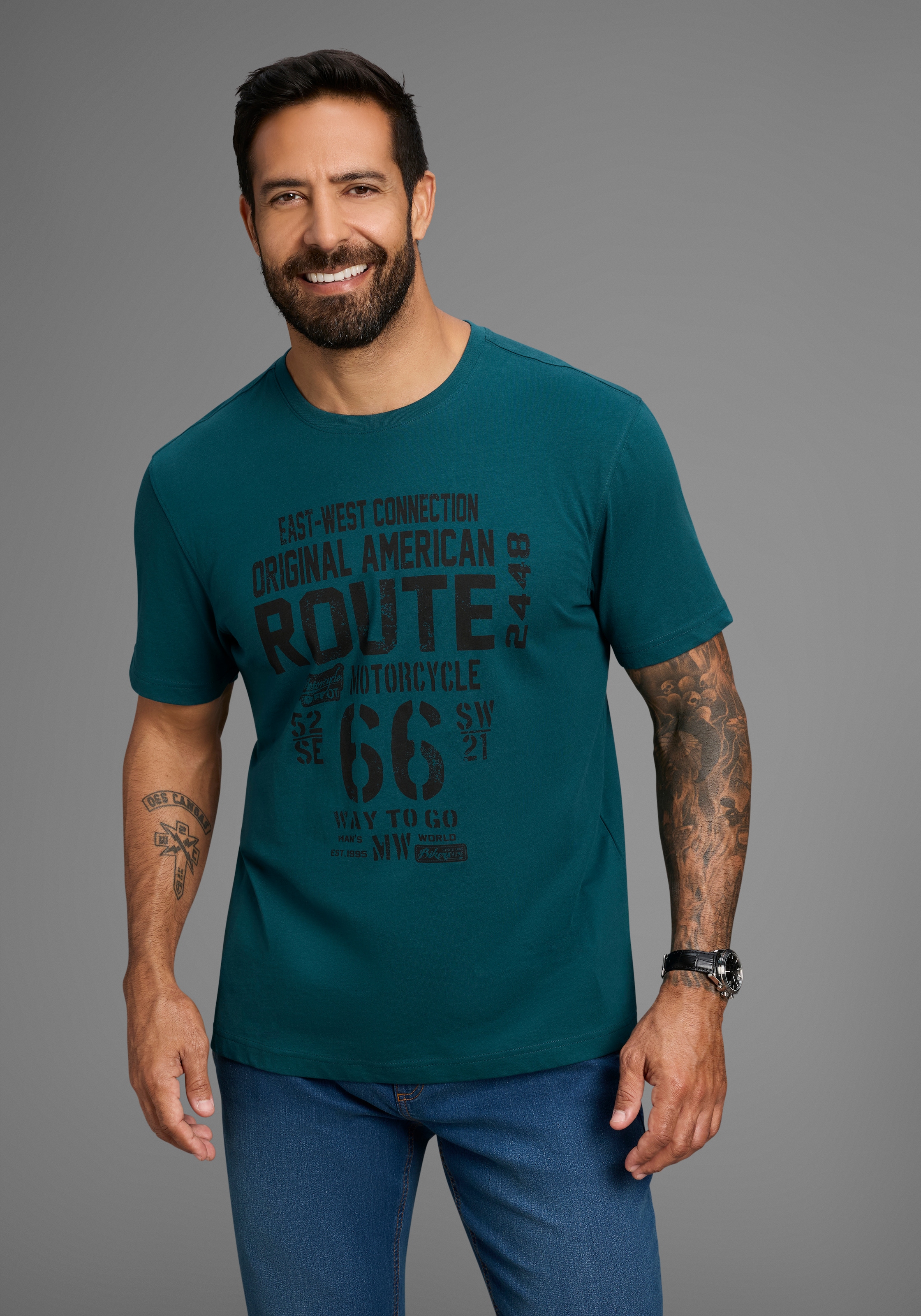 Mans World Rundhalsshirt, kurzärmelig, lässige Passform, bedruckt, Rundhals günstig online kaufen