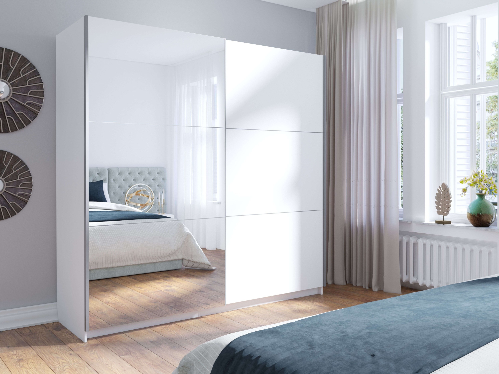 INOSIGN Kleiderschrank »Kleiderschrank Fresno mit 5 Einlegeböden, Spiegel und Kleiderstange«, Garderobe mit 2 Schwebetüren, B/H/T 200/207/62 cm